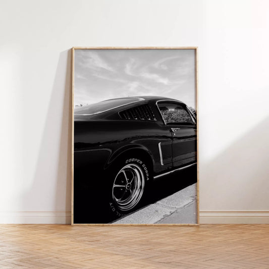 クラシックマスタング サイドビュー モノクロ写真 クーペルーフライン