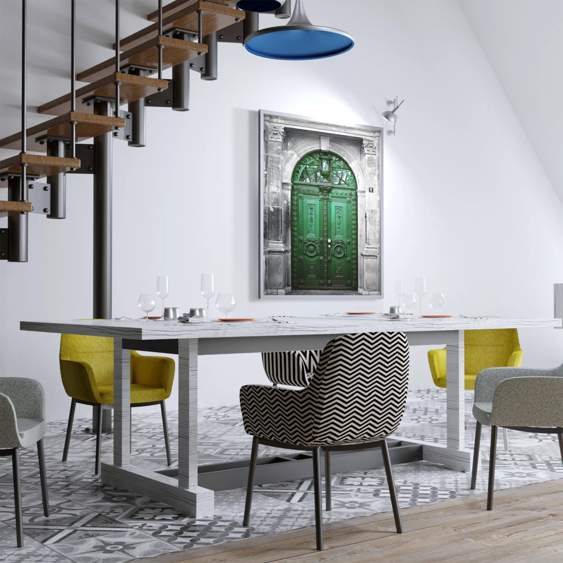 緑の装飾的なアンティークドア、石造りの門構え、ヨーロピアンクラシック建築