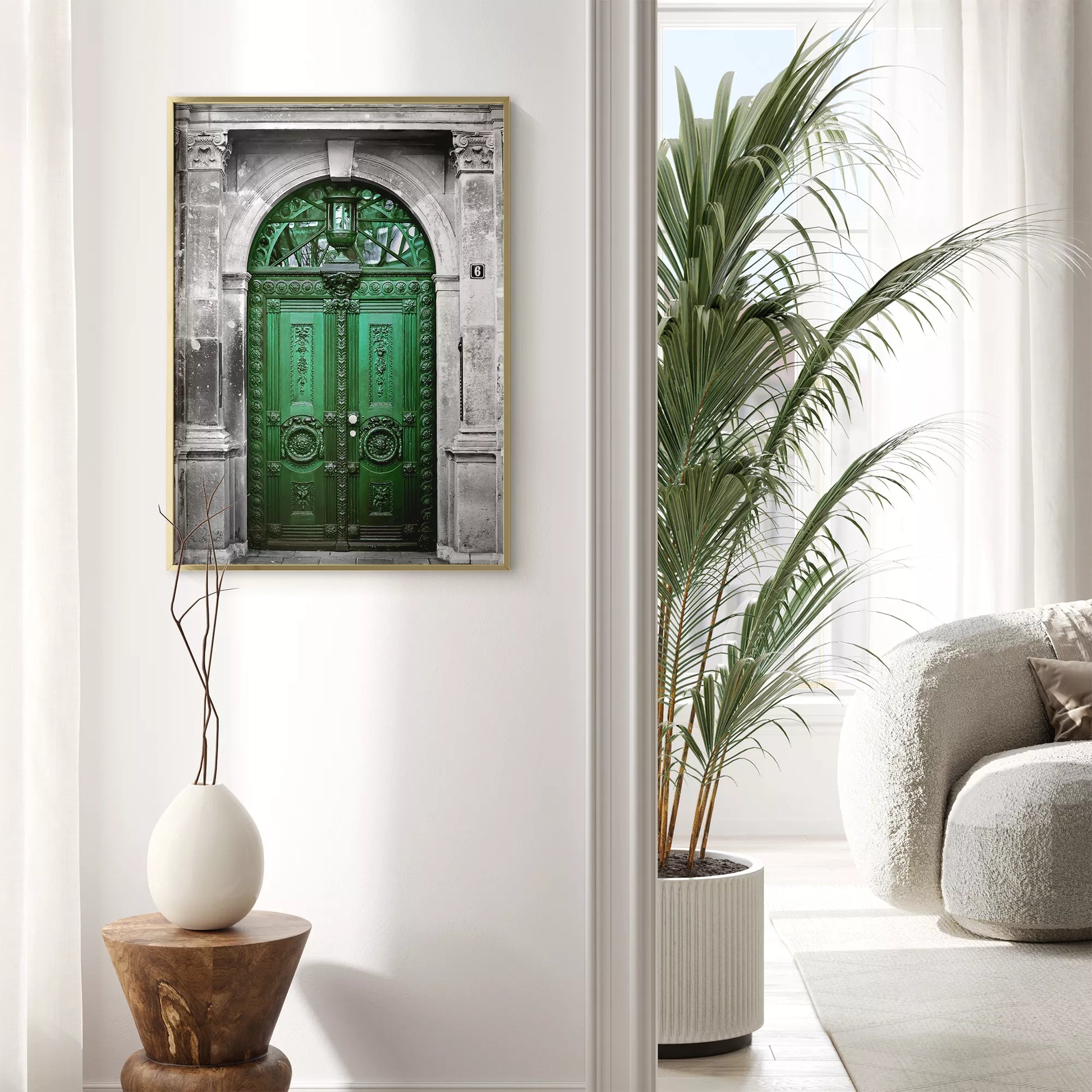 緑の装飾的なアンティークドア、石造りの門構え、ヨーロピアンクラシック建築