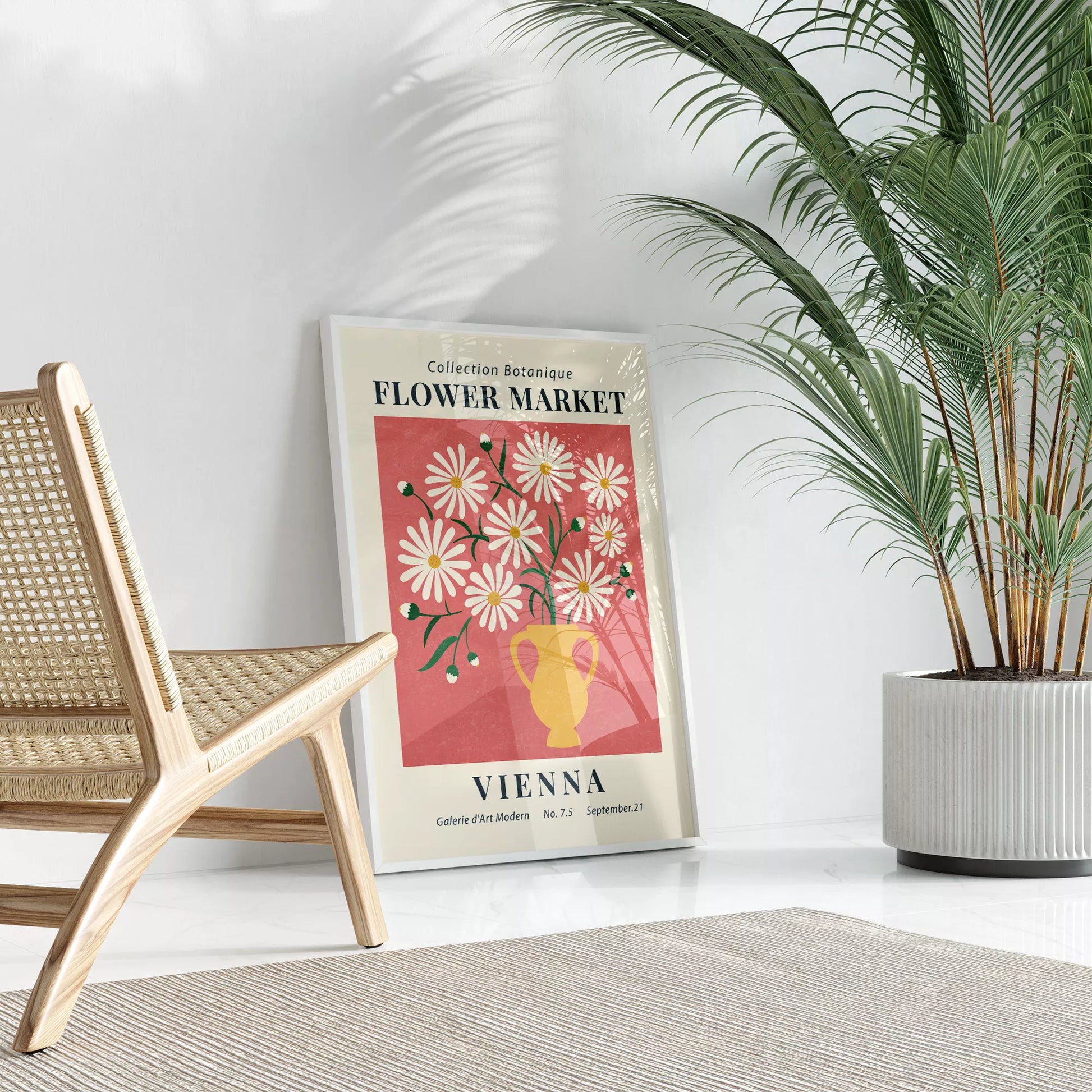 ピンク背景に黄色い花瓶のマーガレットの花束アートポスター