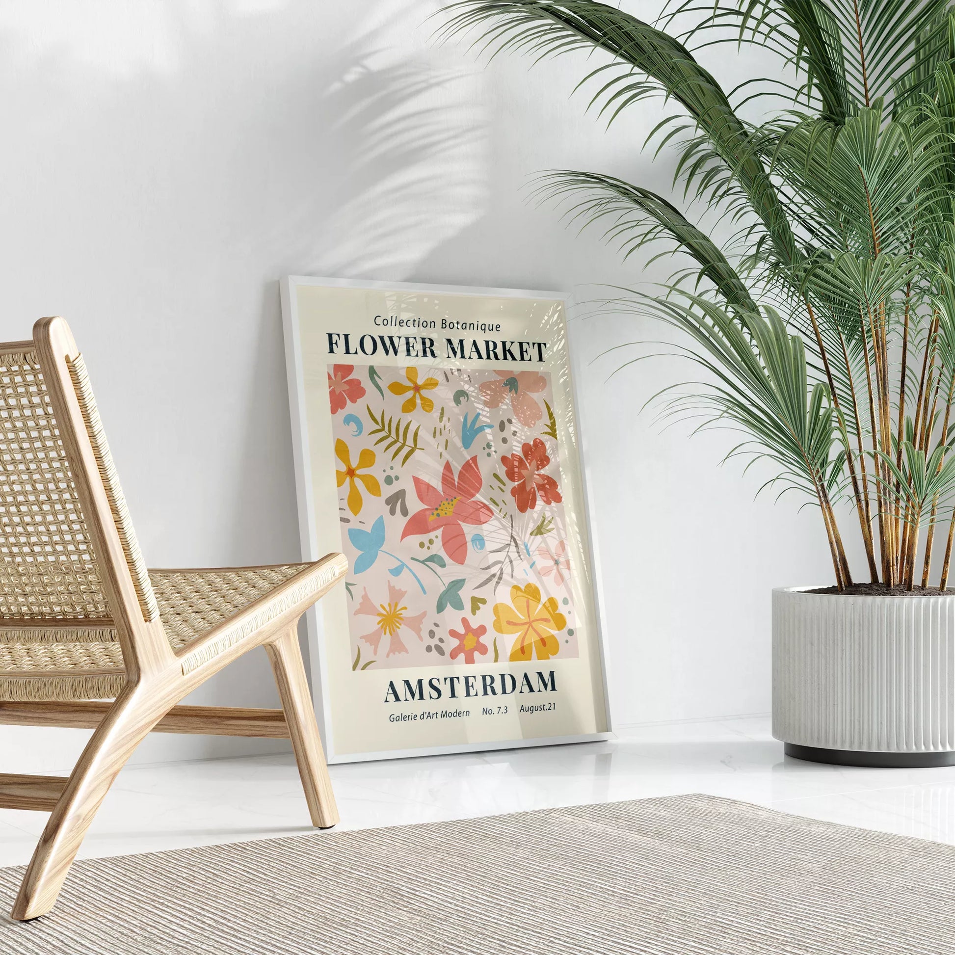 マーガレットの花束が黄色い花瓶に生けられたレトロなポスターデザイン