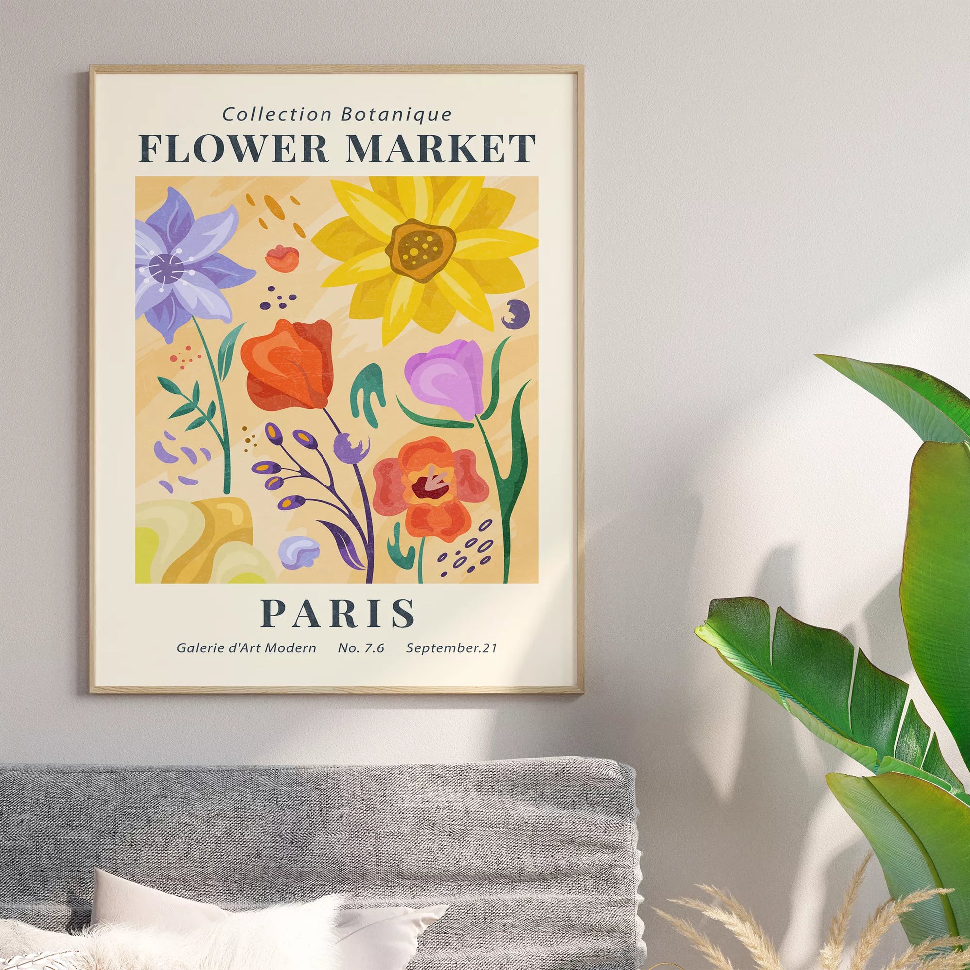 ピンク背景に黄色い花瓶のマーガレットの花束アートポスター