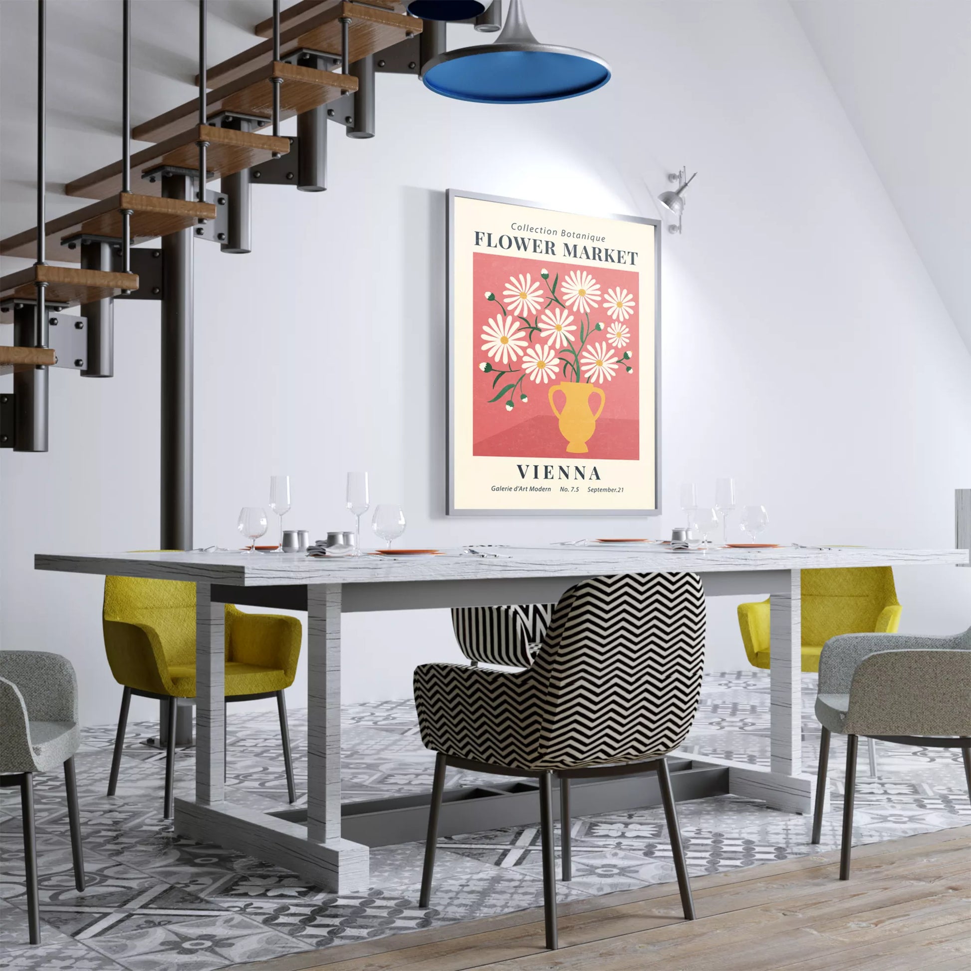 ピンク背景に黄色い花瓶のマーガレットの花束アートポスター