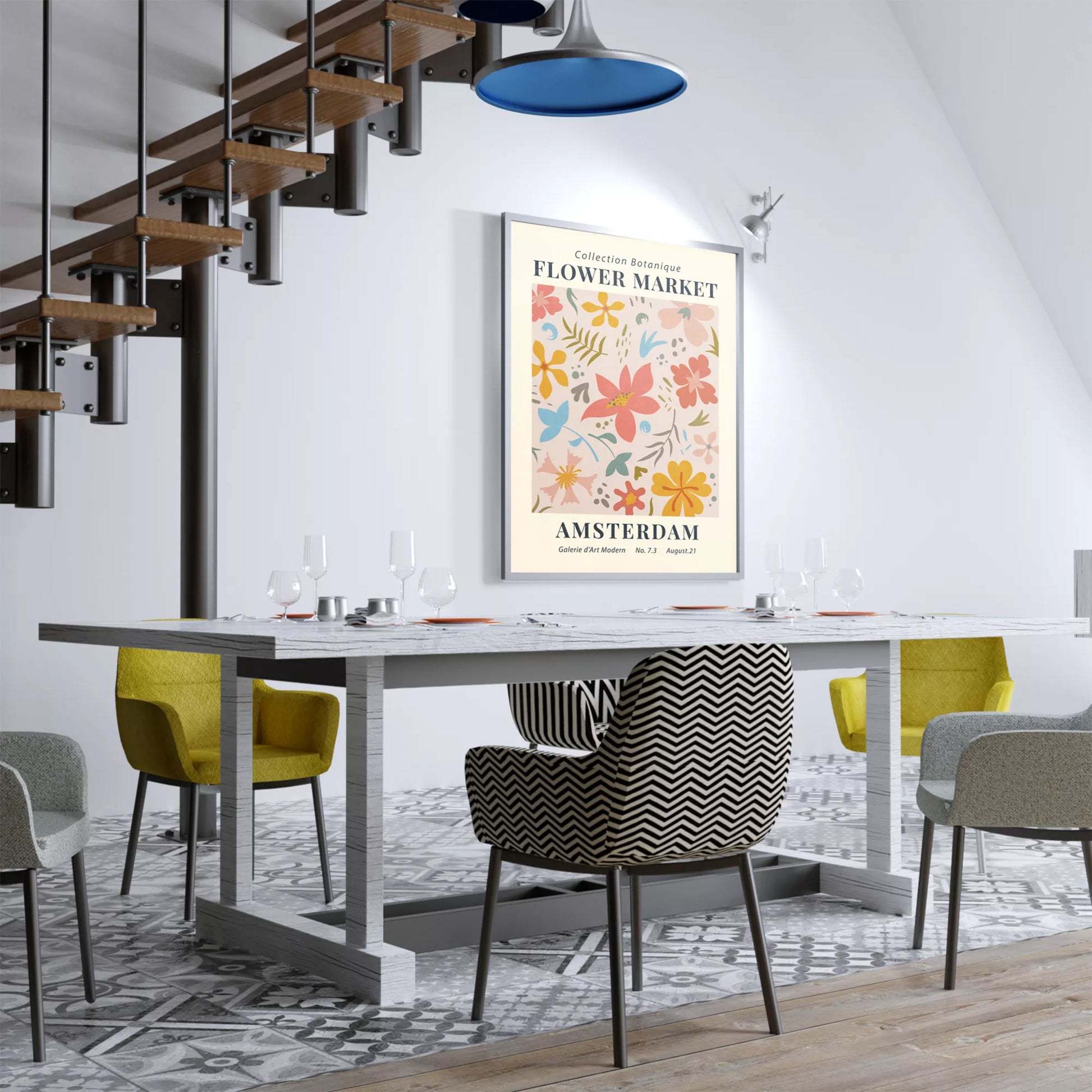 マーガレットの花束が黄色い花瓶に生けられたレトロなポスターデザイン