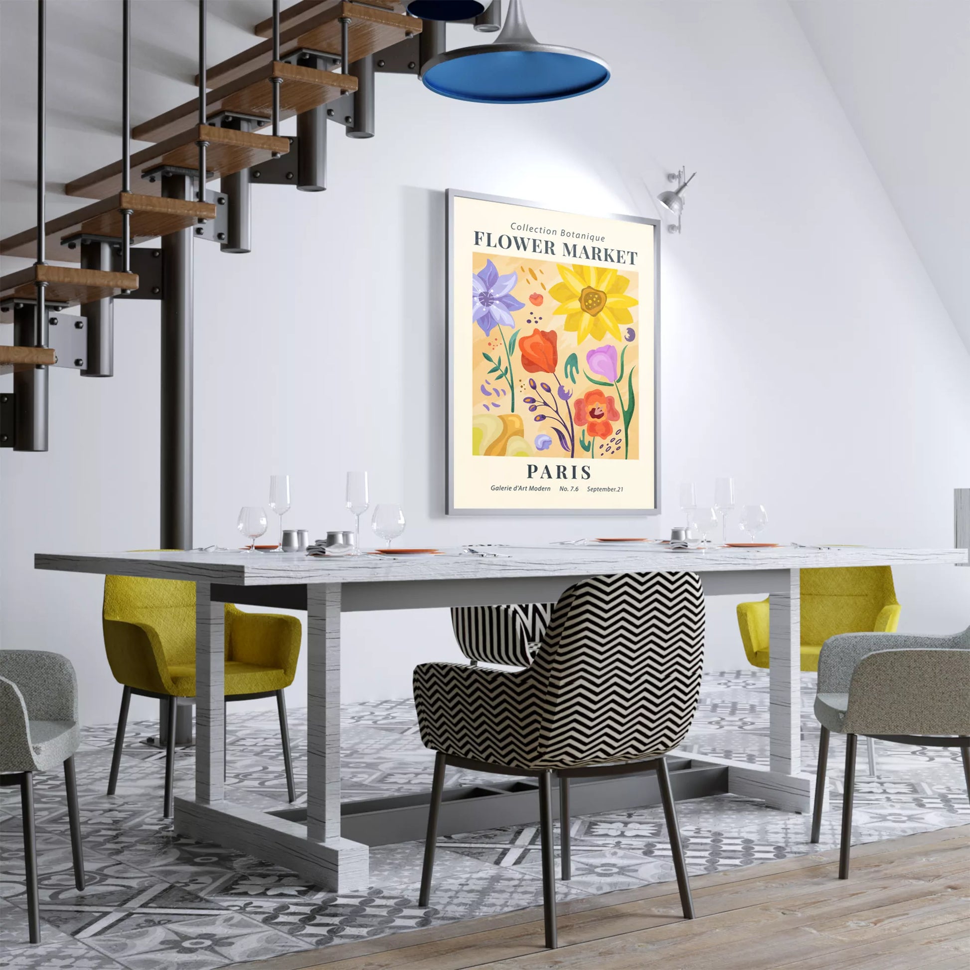 ピンク背景に黄色い花瓶のマーガレットの花束アートポスター