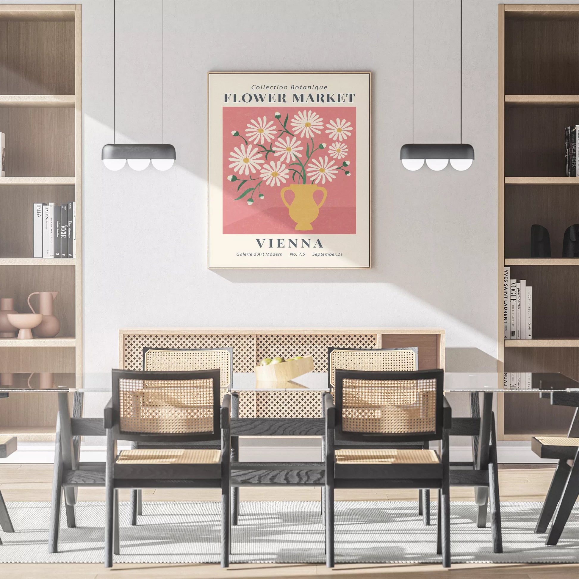 ピンク背景に黄色い花瓶のマーガレットの花束アートポスター