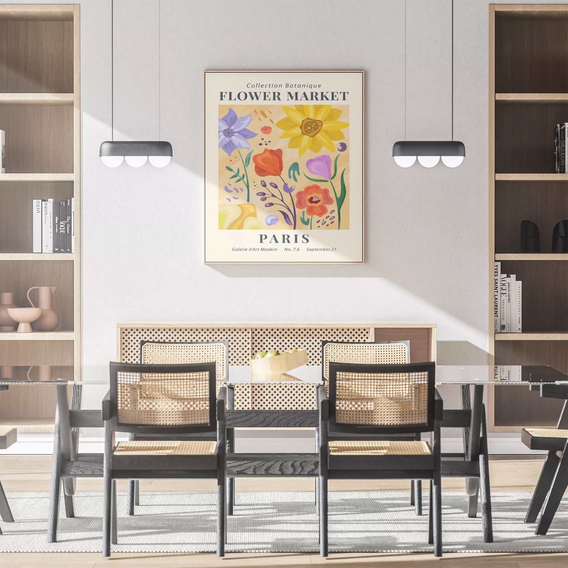 ピンク背景に黄色い花瓶のマーガレットの花束アートポスター