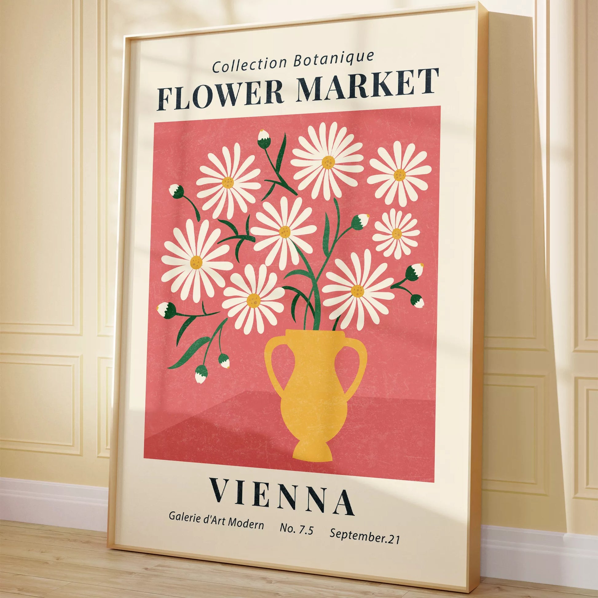 ピンク背景に黄色い花瓶のマーガレットの花束アートポスター