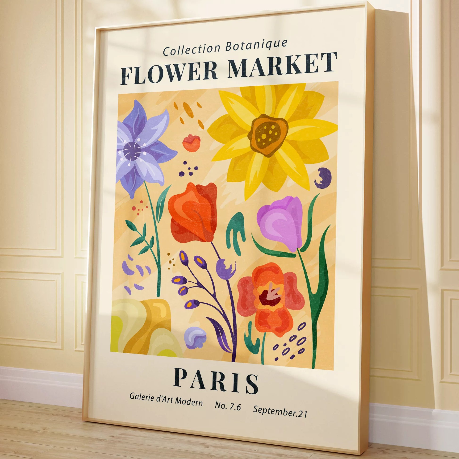 ピンク背景に黄色い花瓶のマーガレットの花束アートポスター