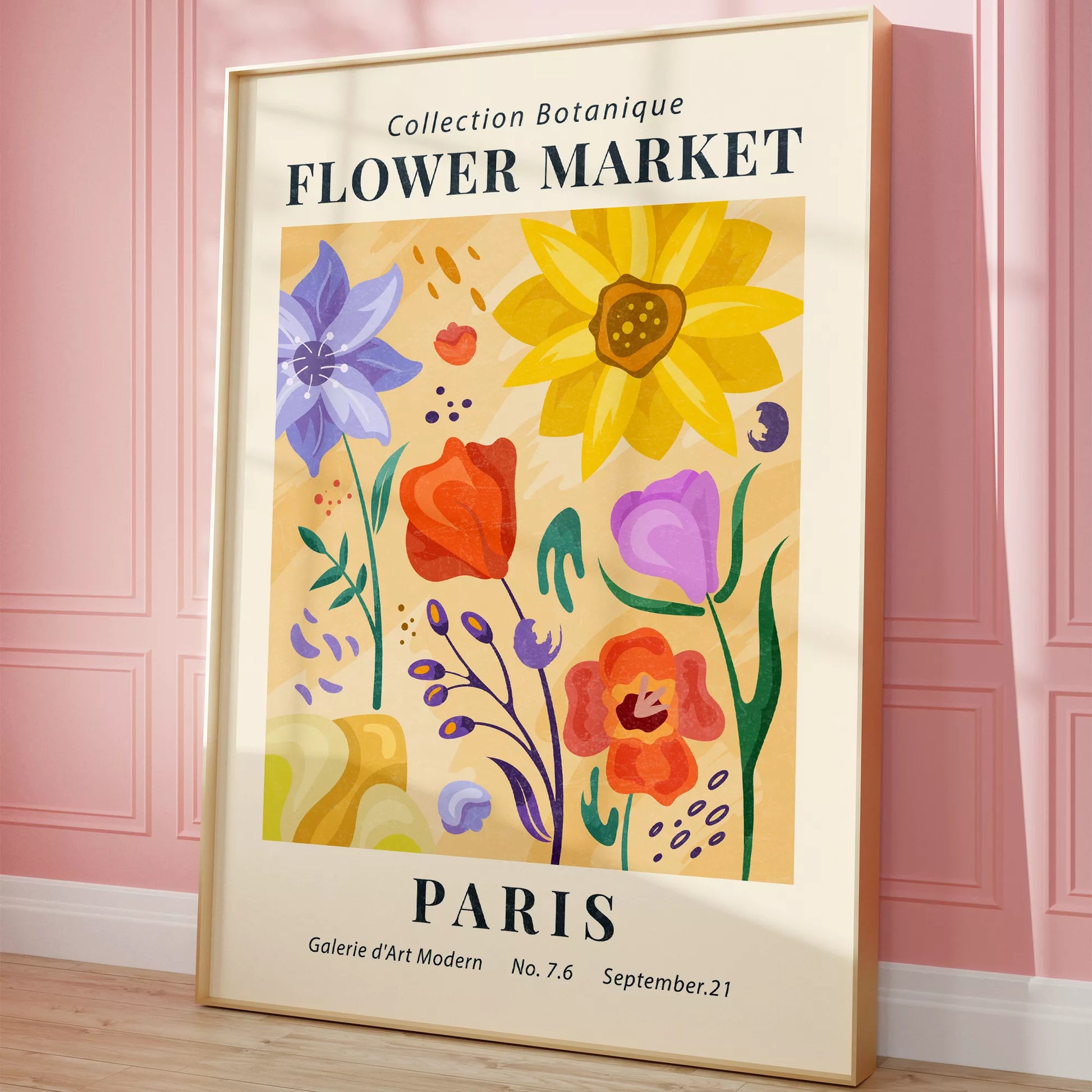 ピンク背景に黄色い花瓶のマーガレットの花束アートポスター