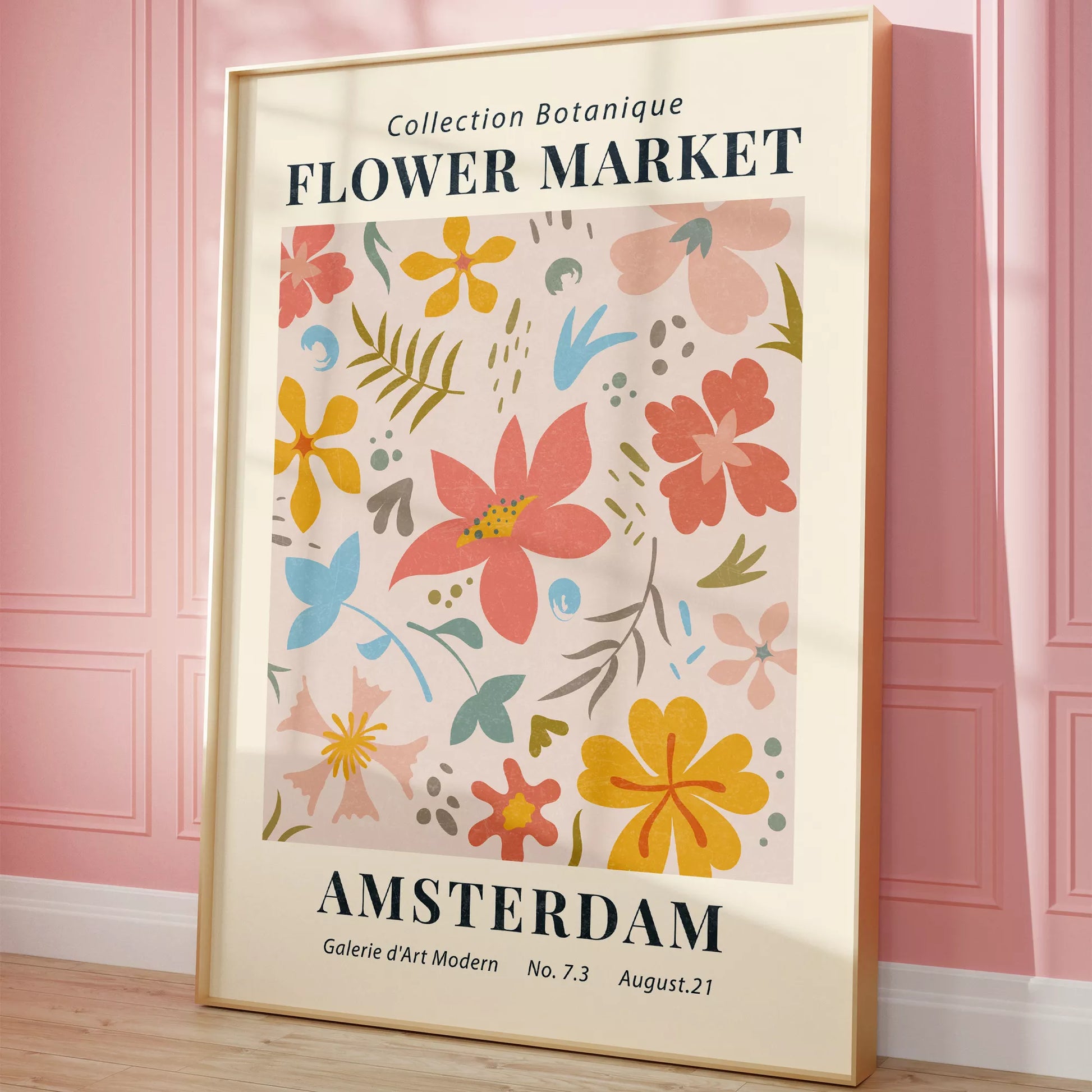 マーガレットの花束が黄色い花瓶に生けられたレトロなポスターデザイン