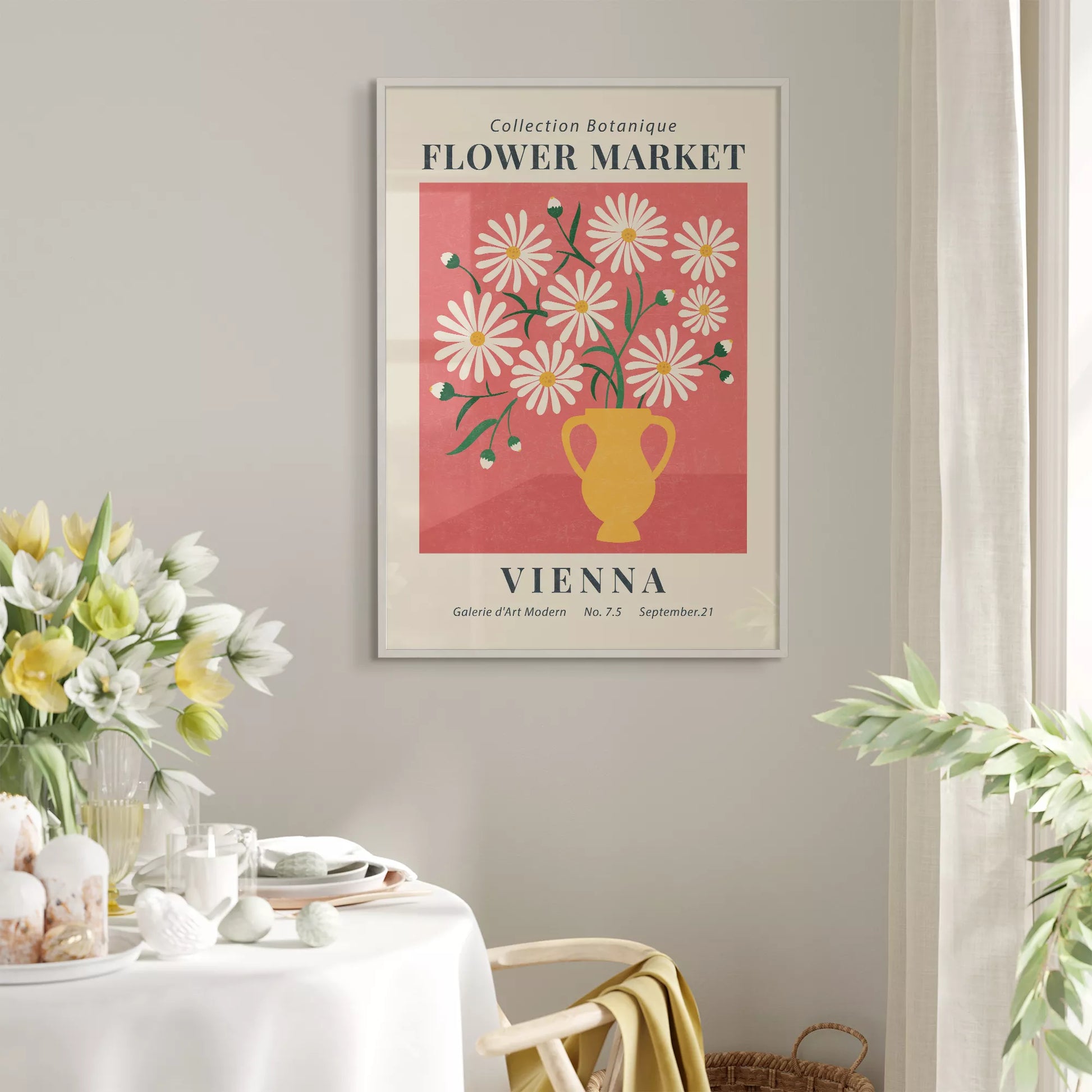 ピンク背景に黄色い花瓶のマーガレットの花束アートポスター