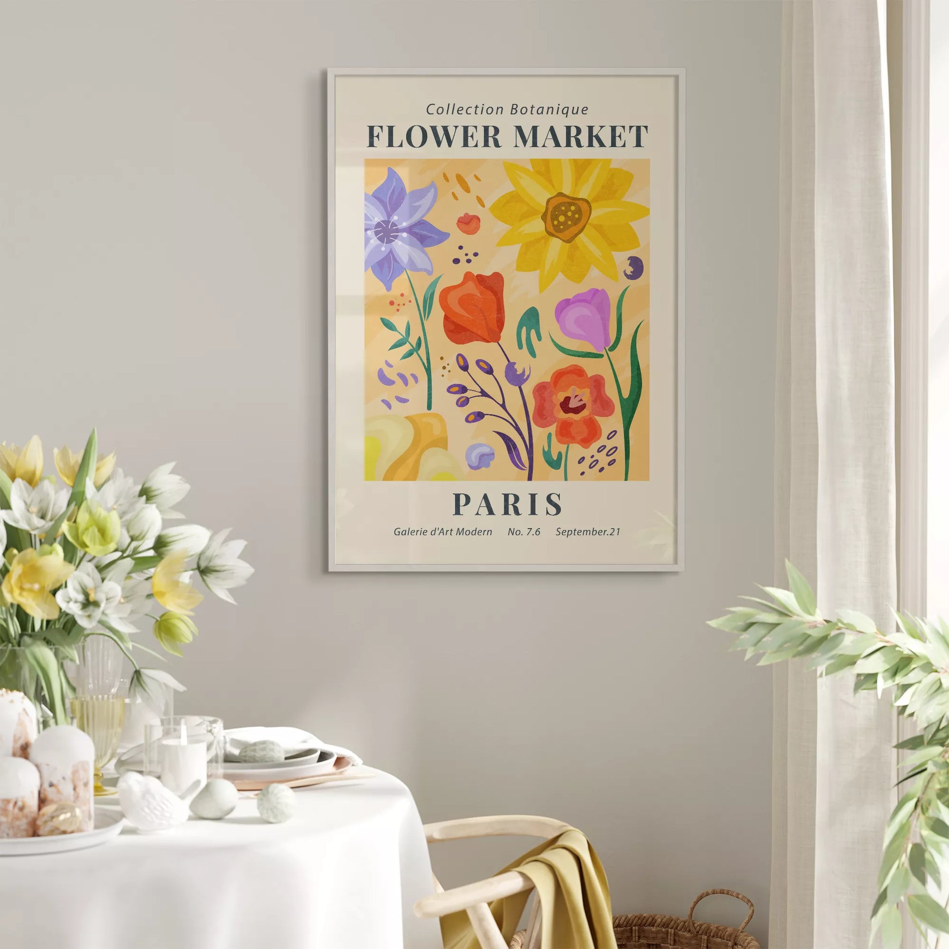 ピンク背景に黄色い花瓶のマーガレットの花束アートポスター