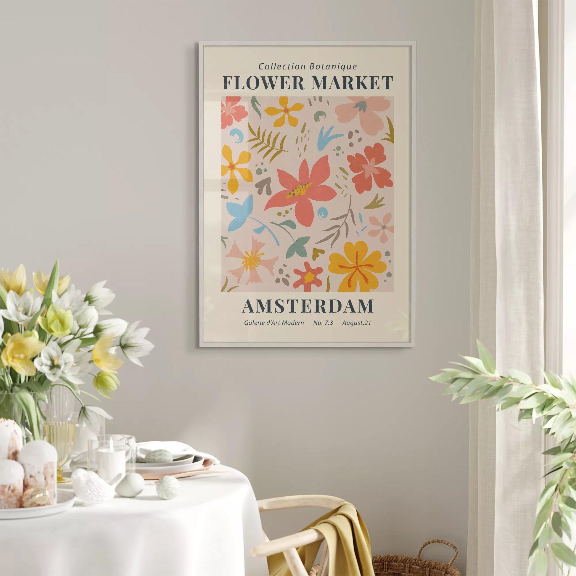 マーガレットの花束が黄色い花瓶に生けられたレトロなポスターデザイン