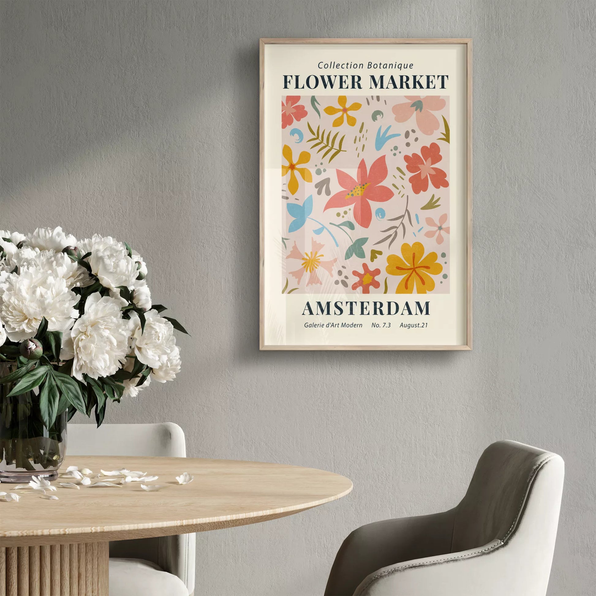 マーガレットの花束が黄色い花瓶に生けられたレトロなポスターデザイン