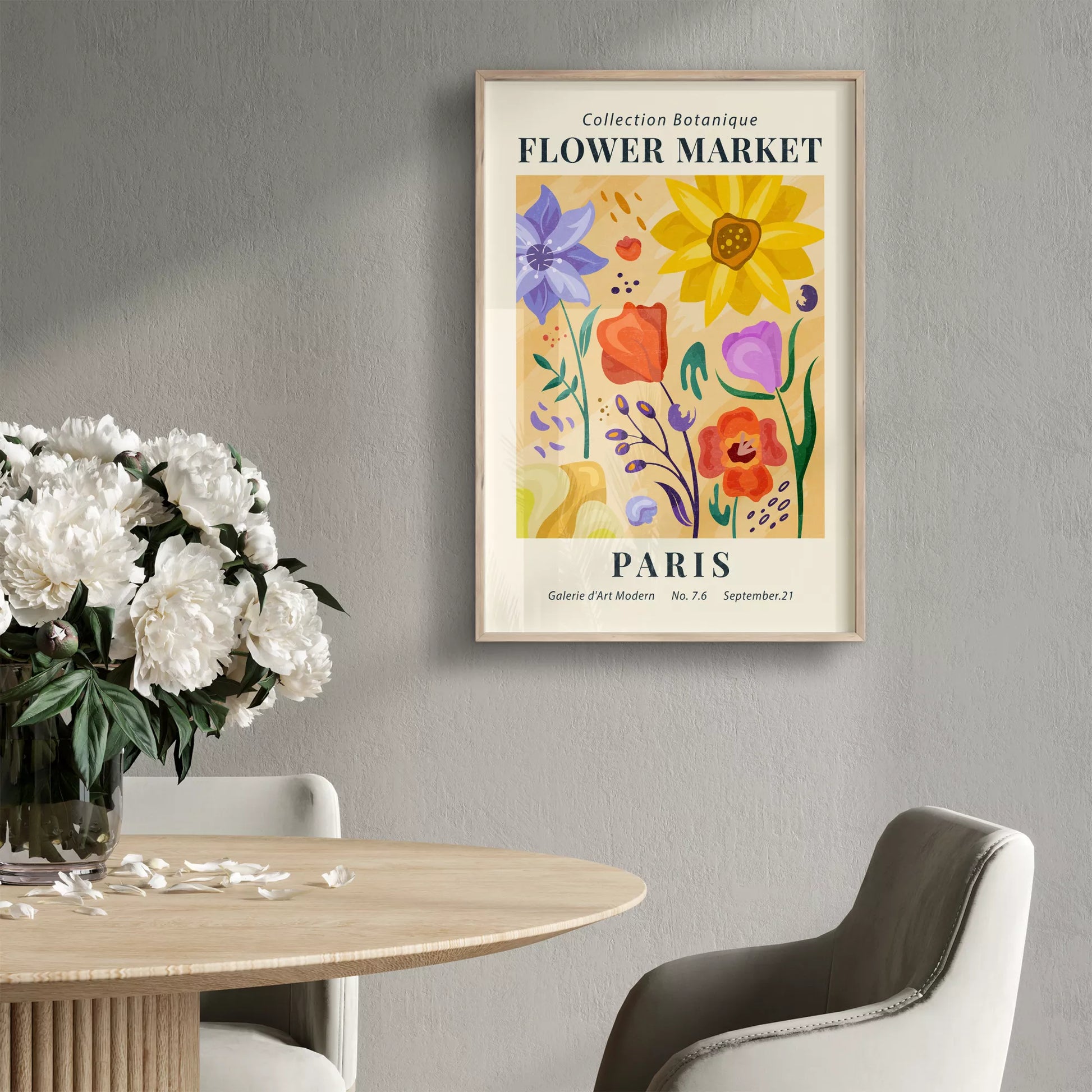 ピンク背景に黄色い花瓶のマーガレットの花束アートポスター