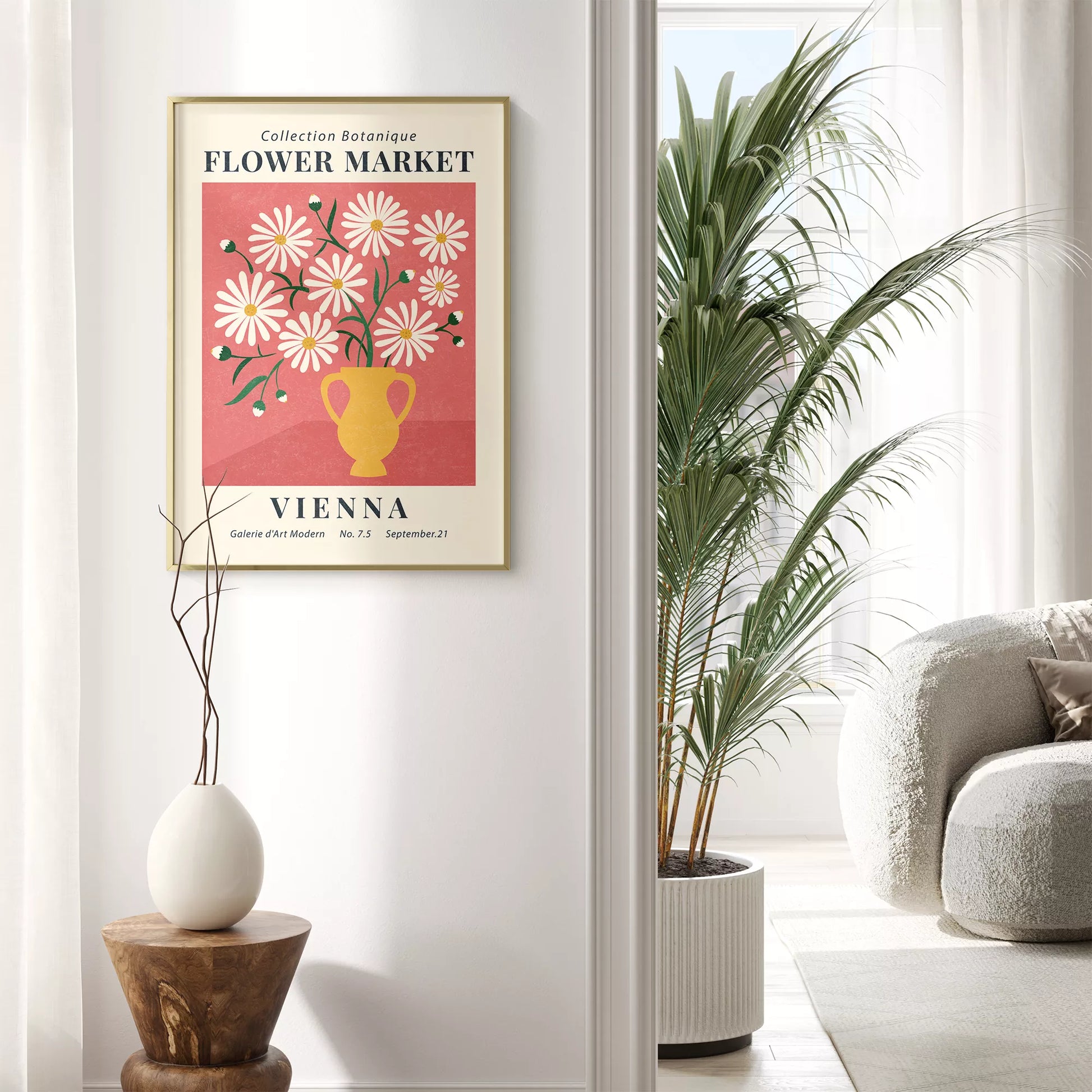 ピンク背景に黄色い花瓶のマーガレットの花束アートポスター