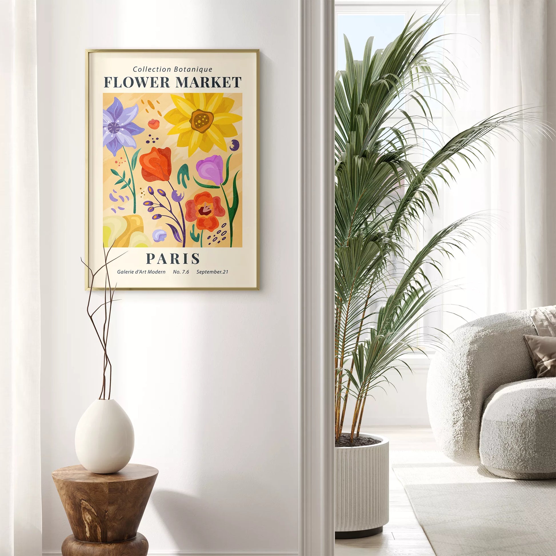 ピンク背景に黄色い花瓶のマーガレットの花束アートポスター