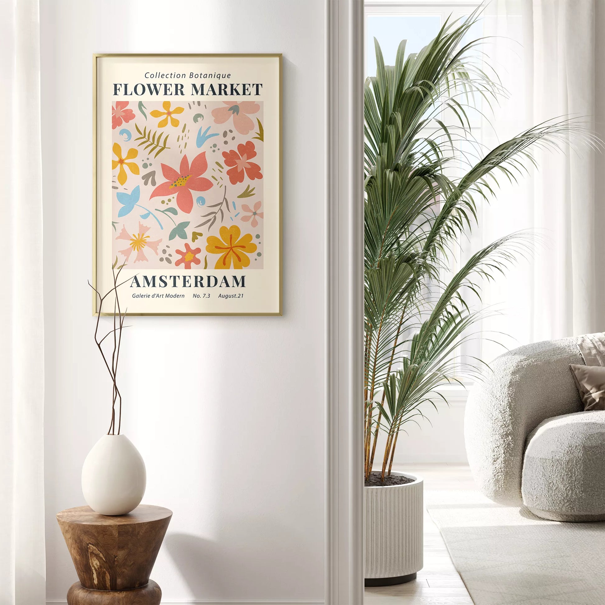 マーガレットの花束が黄色い花瓶に生けられたレトロなポスターデザイン