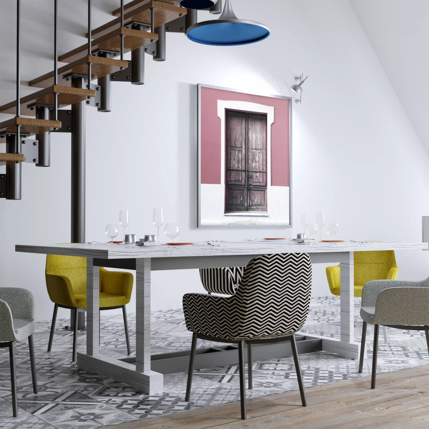 ピンク色の壁に映える木製アンティークドアのアートプリント