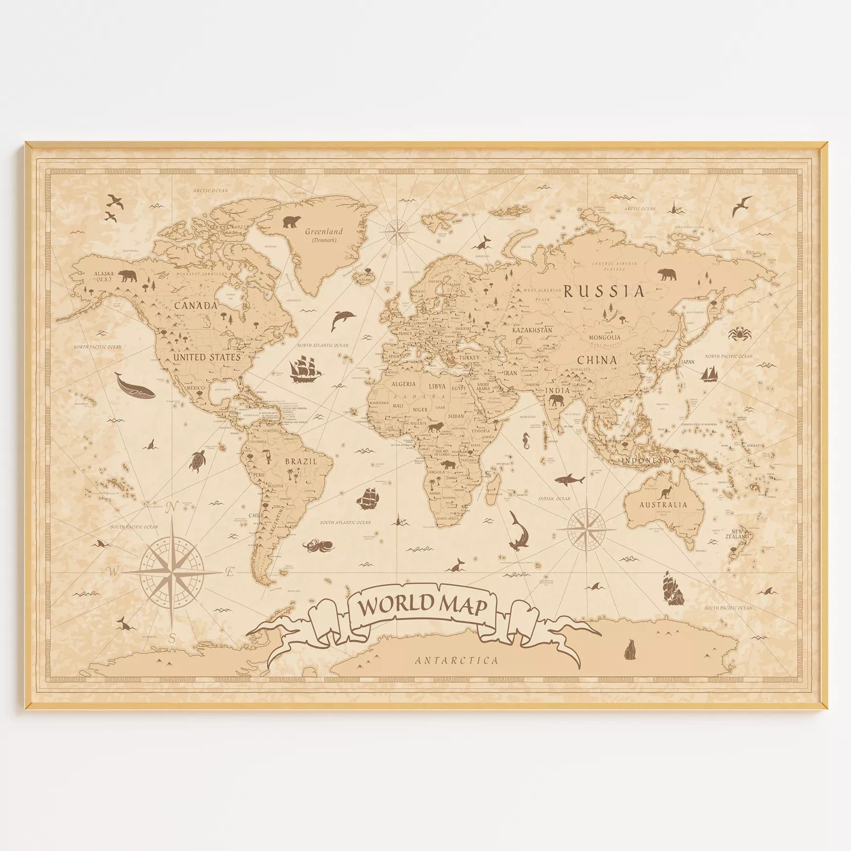 ビンテージ風世界地図アートポスター、動物イラスト入り壁掛けインテリア装飾