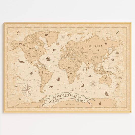 ビンテージ風世界地図アートポスター、動物イラスト入り壁掛けインテリア装飾