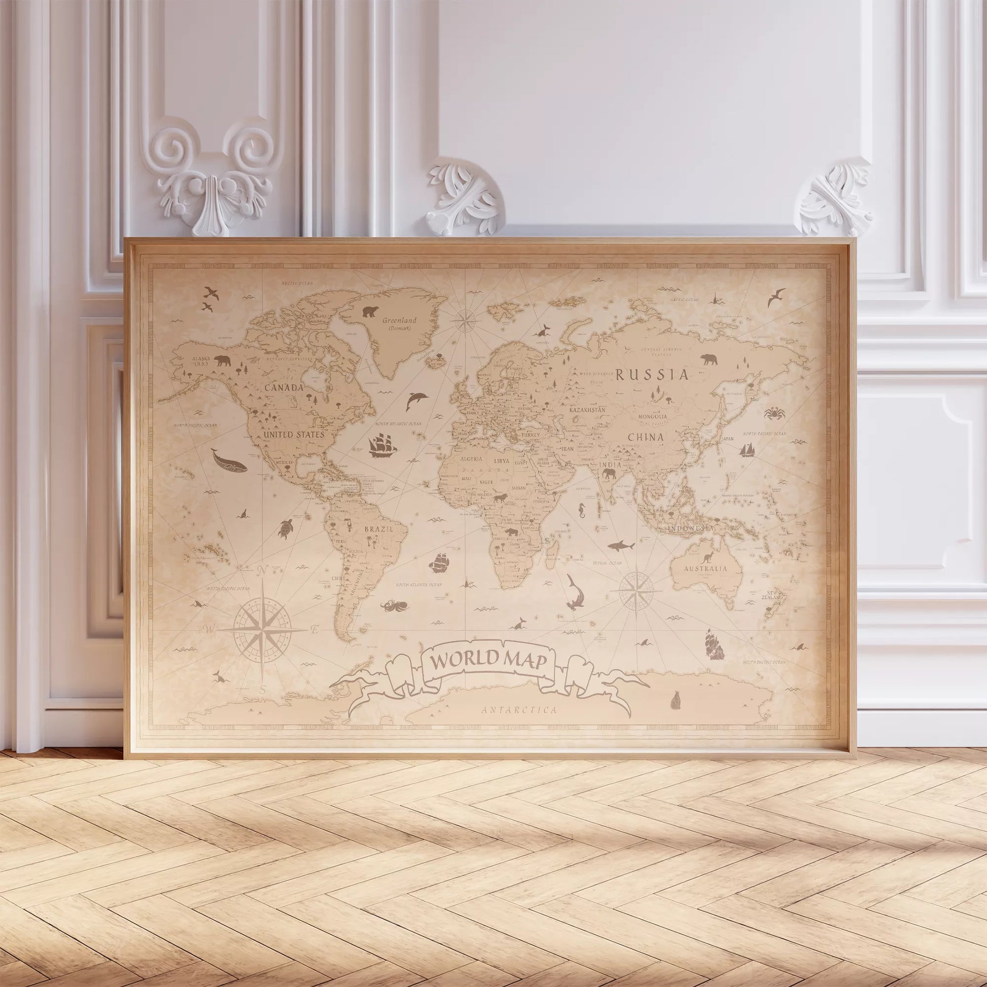 ビンテージ風世界地図アートポスター、動物イラスト入り壁掛けインテリア装飾