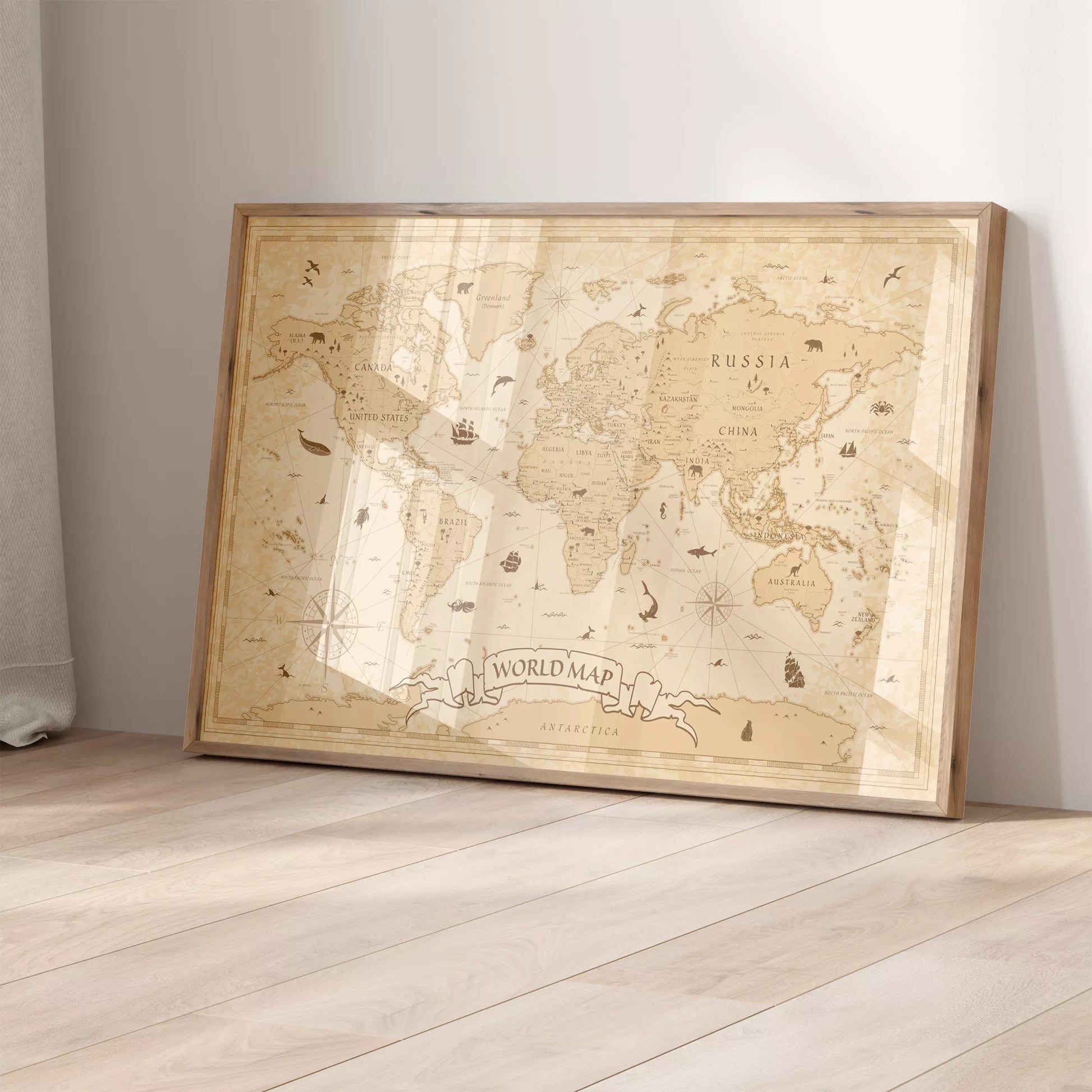 ビンテージ風世界地図アートポスター、動物イラスト入り壁掛けインテリア装飾