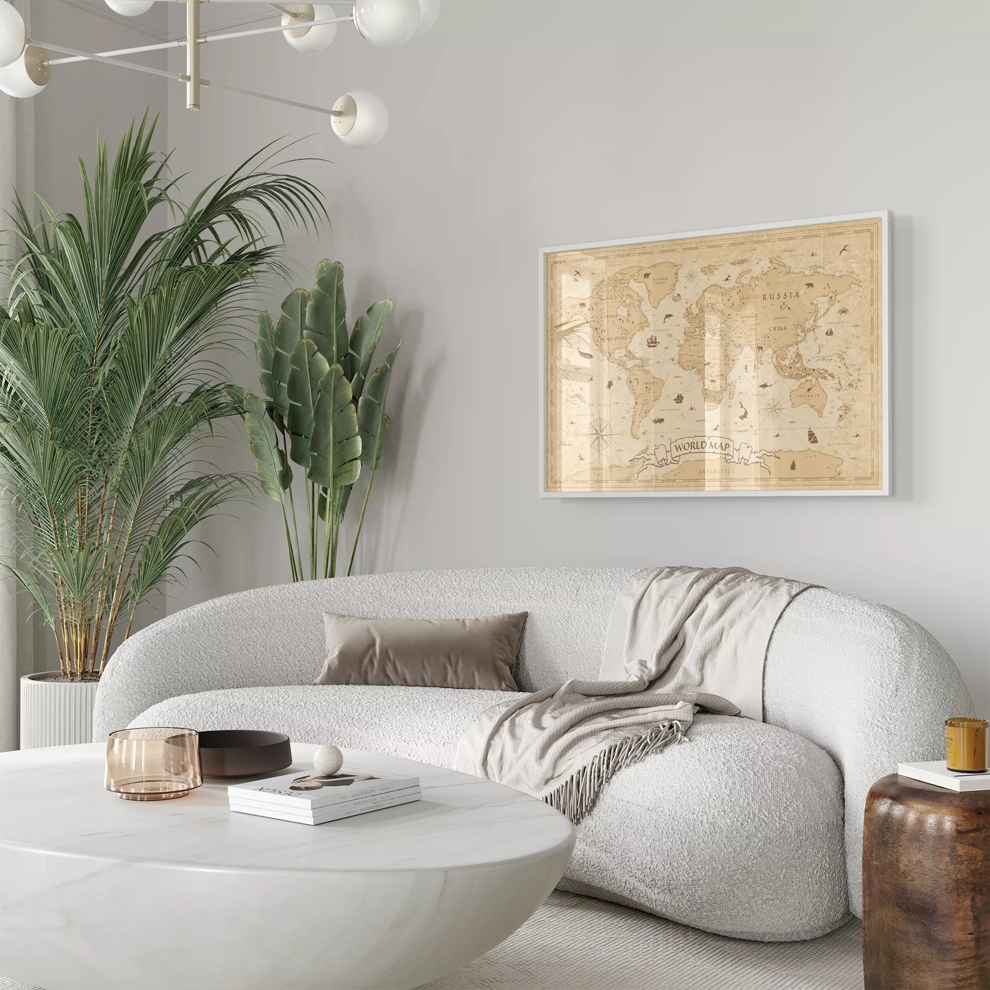 ビンテージ風世界地図アートポスター、動物イラスト入り壁掛けインテリア装飾
