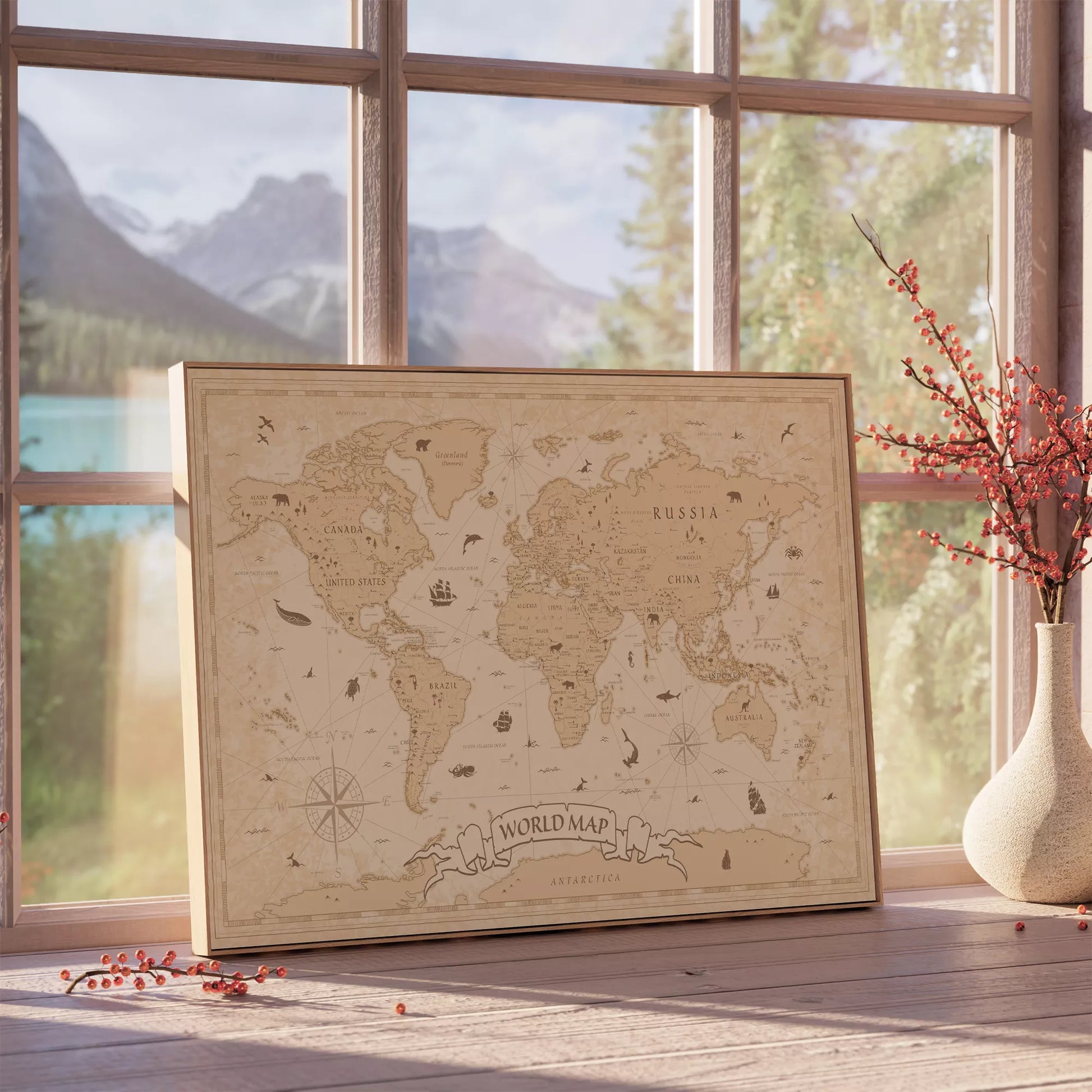 ビンテージ風世界地図アートポスター、動物イラスト入り壁掛けインテリア装飾
