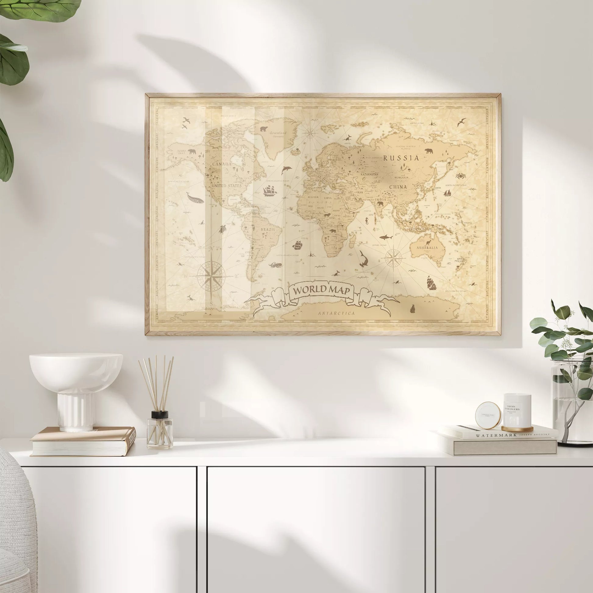 ビンテージ風世界地図アートポスター、動物イラスト入り壁掛けインテリア装飾