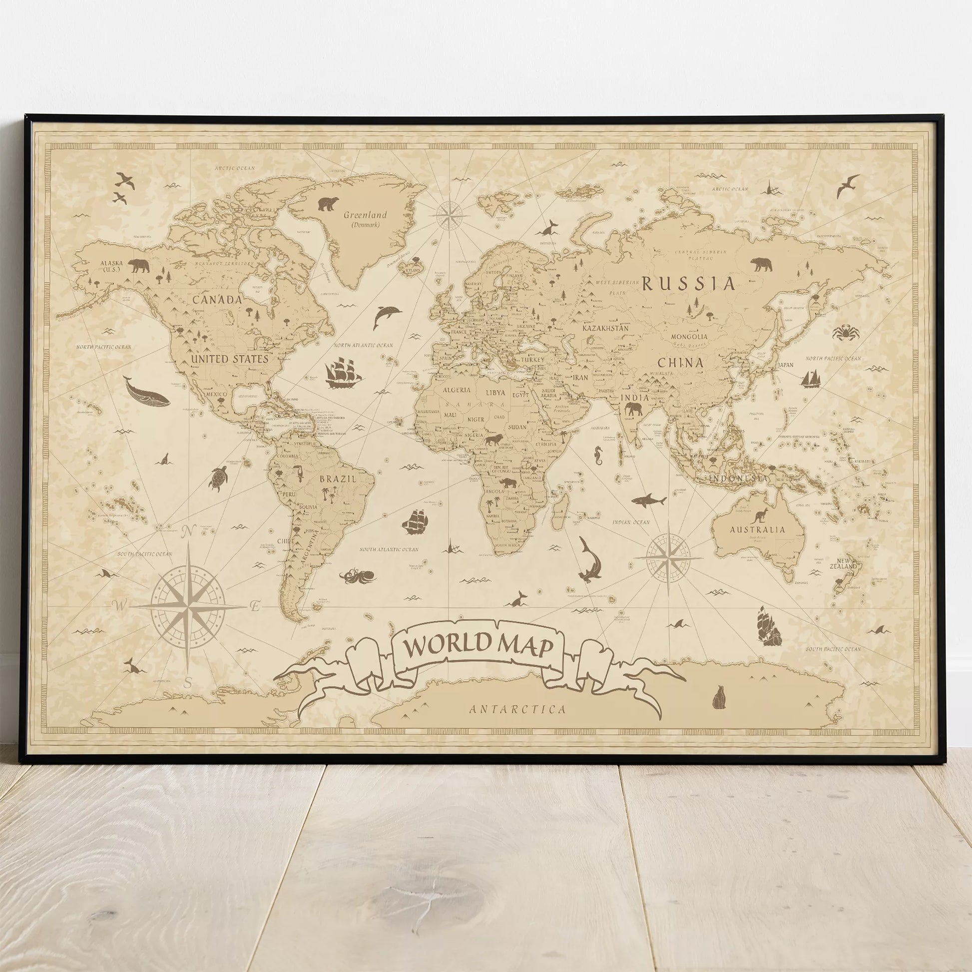 ビンテージ風世界地図アートポスター、動物イラスト入り壁掛けインテリア装飾