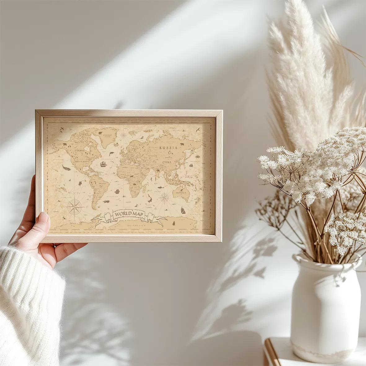 ビンテージ風世界地図アートポスター、動物イラスト入り壁掛けインテリア装飾