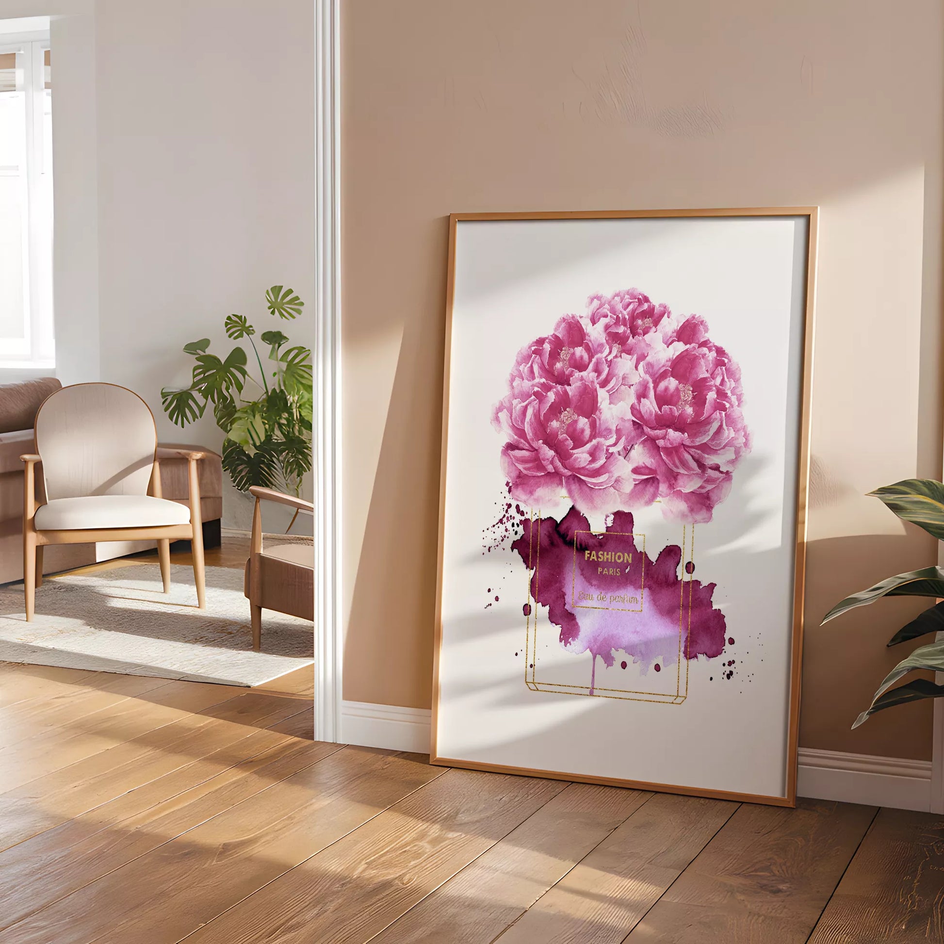 水彩ピンクパープル香水花ポスター ファッションアート 北欧デザイン