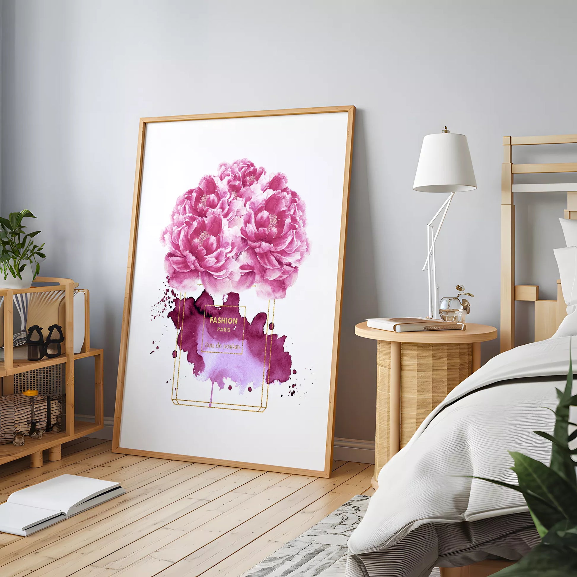水彩ピンクパープル香水花ポスター ファッションアート 北欧デザイン