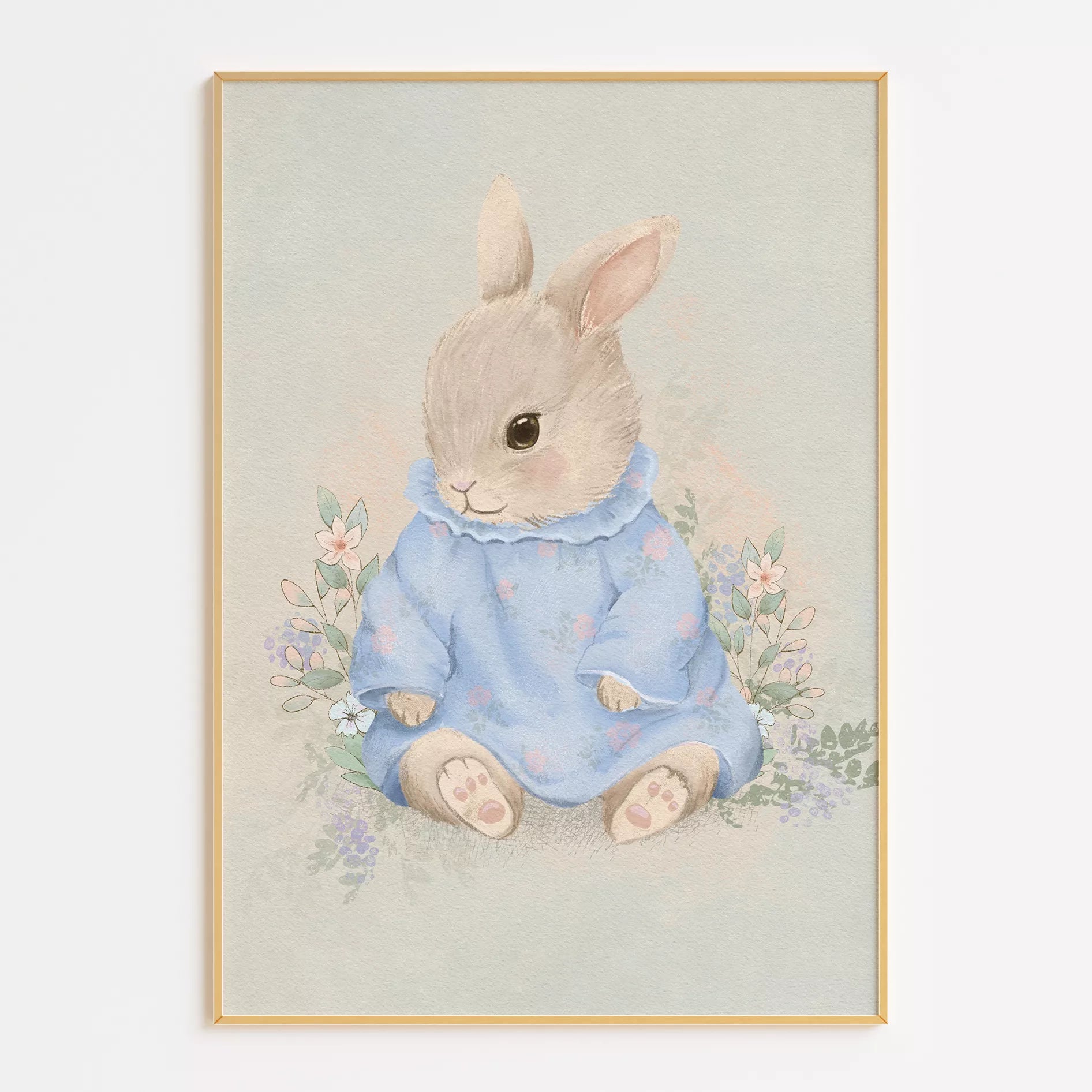水彩タッチで描かれたウサギと花々のキッズアートポスター