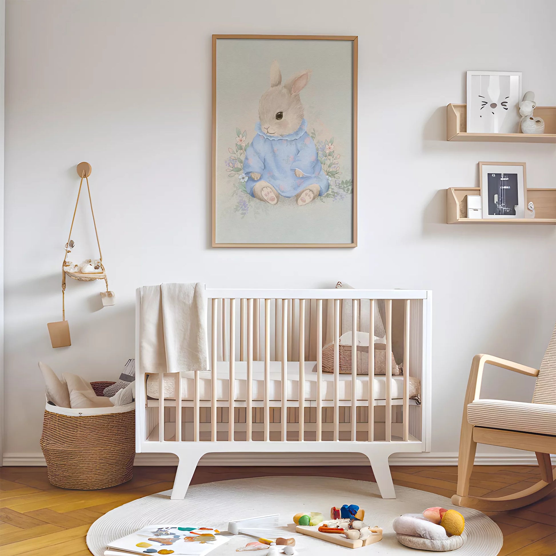 水彩タッチで描かれたウサギと花々のキッズアートポスター