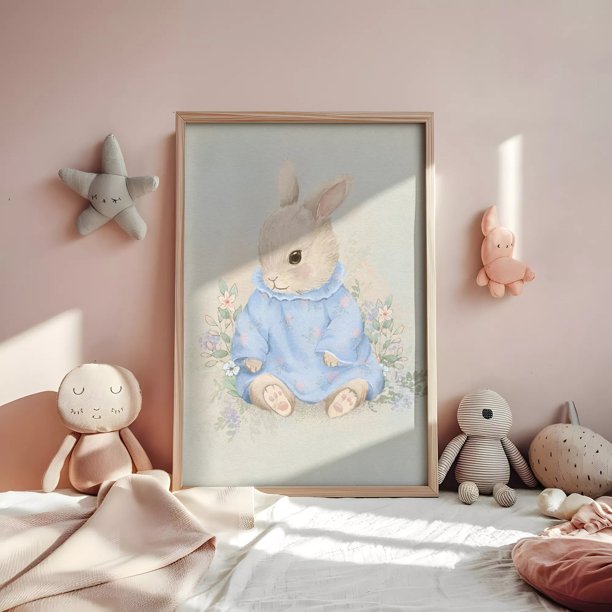 水彩タッチで描かれたウサギと花々のキッズアートポスター
