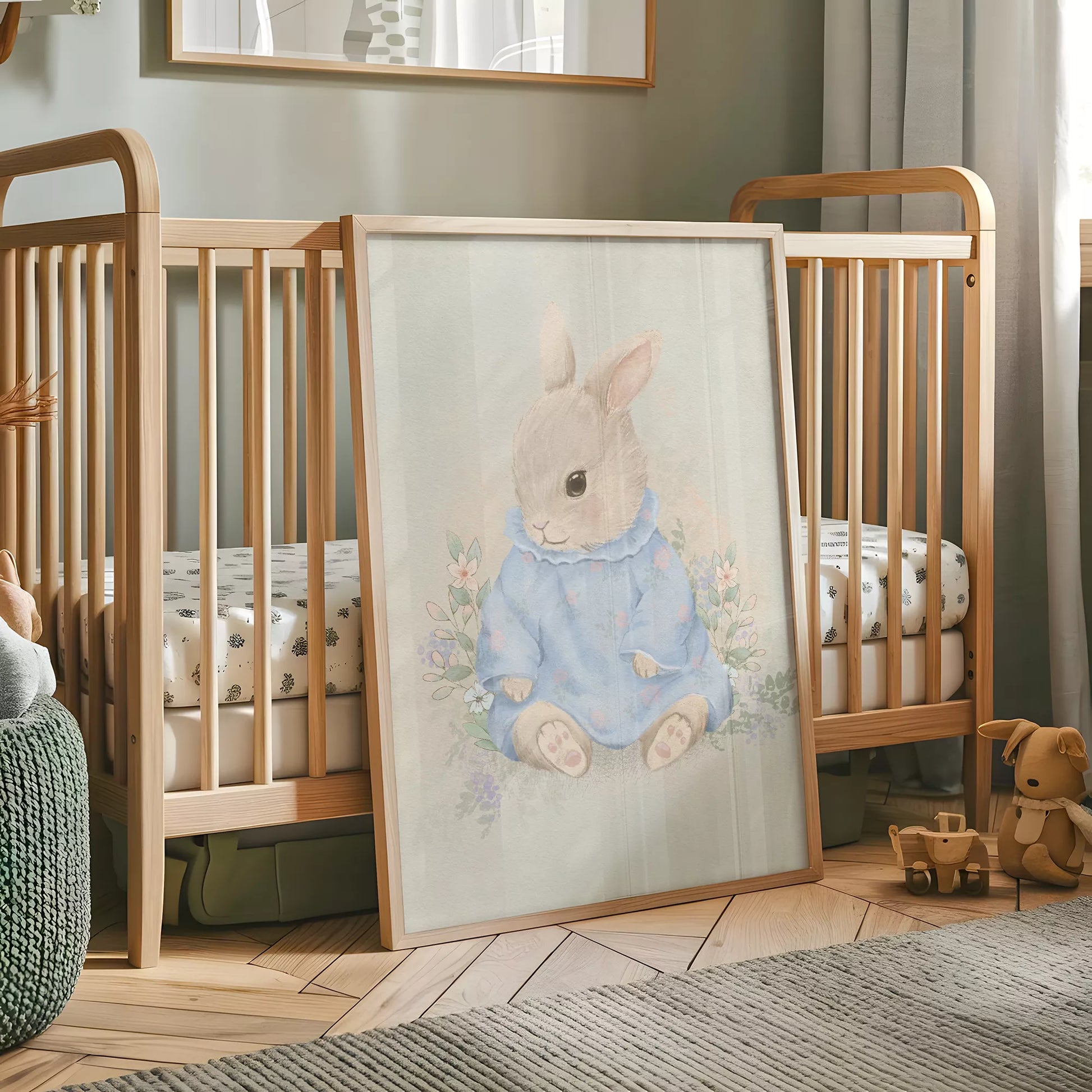 水彩タッチで描かれたウサギと花々のキッズアートポスター