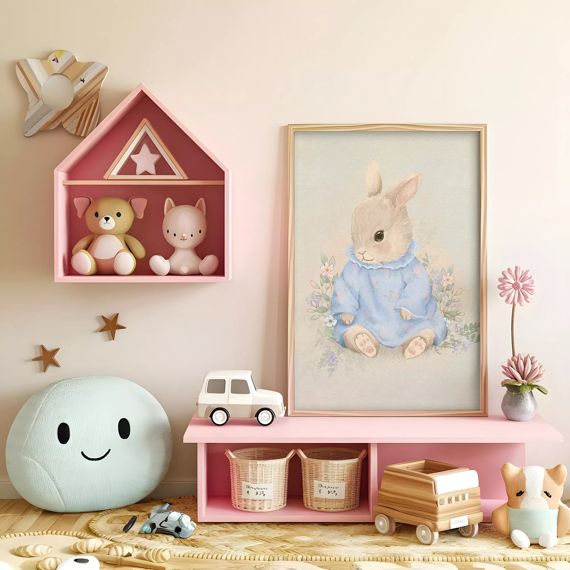 水彩タッチで描かれたウサギと花々のキッズアートポスター