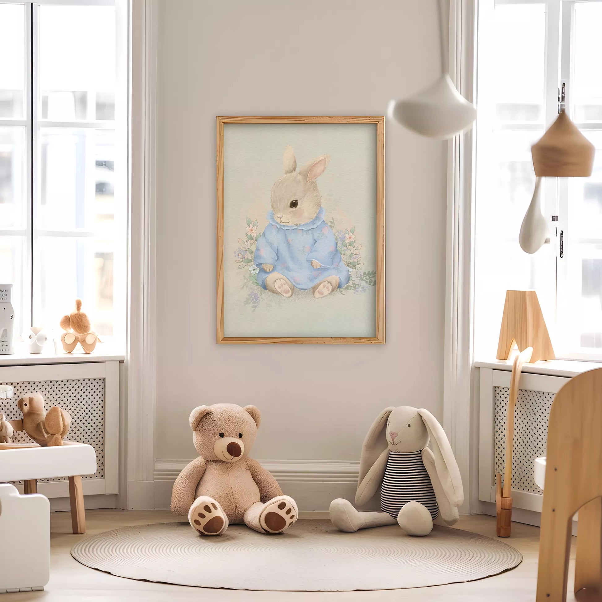 水彩タッチで描かれたウサギと花々のキッズアートポスター