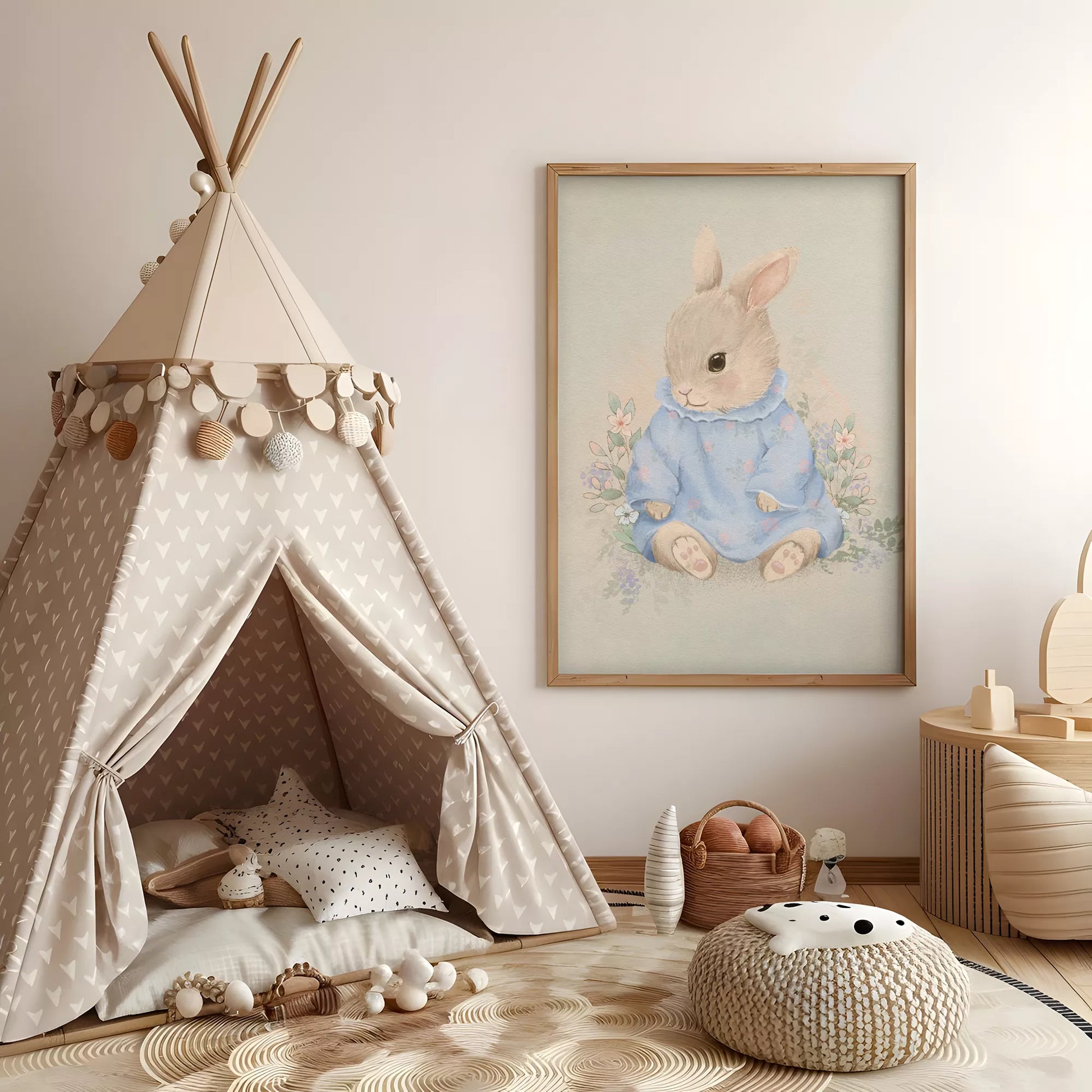 水彩タッチで描かれたウサギと花々のキッズアートポスター