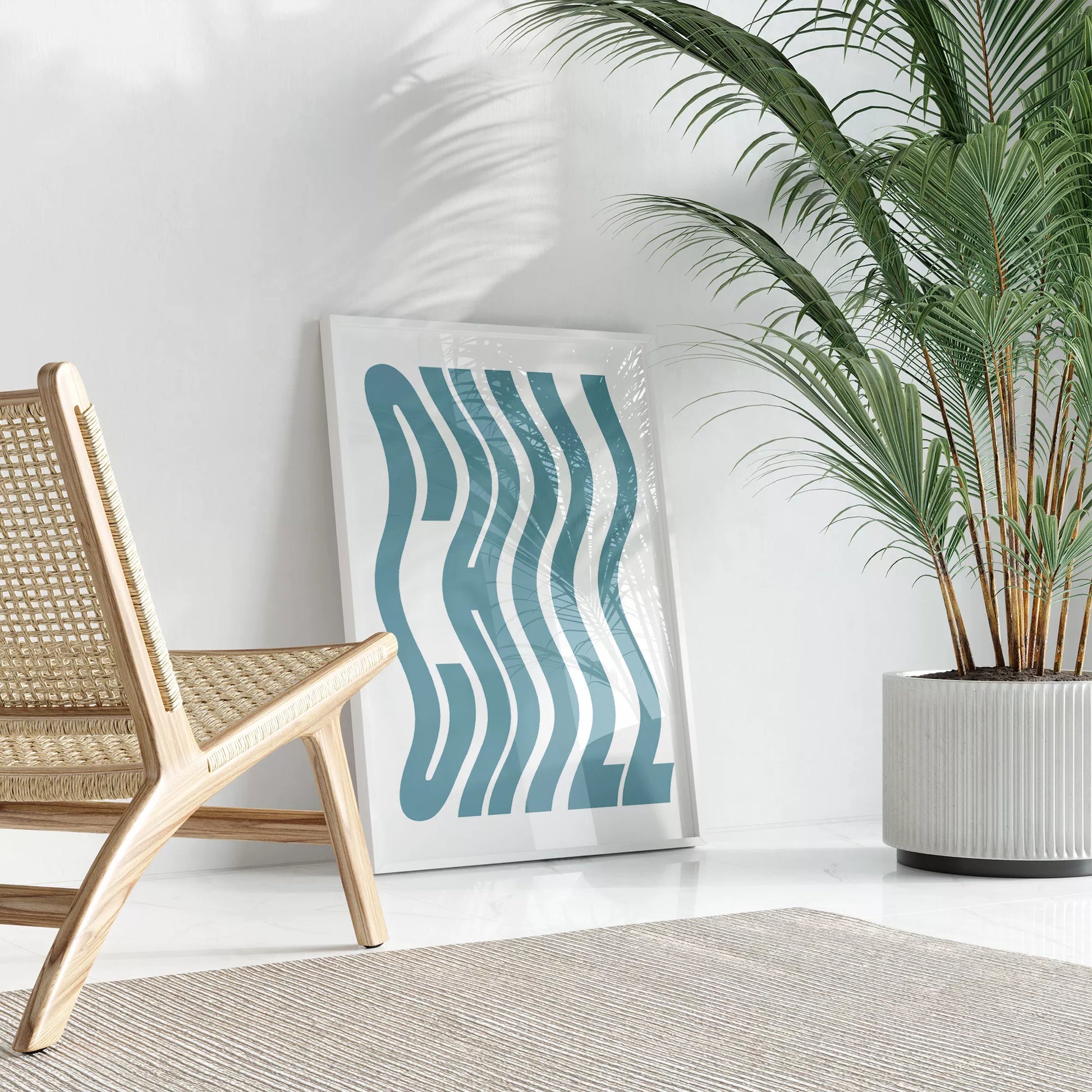 モダンな曲線アートプリント、ティールブルーのウェーブデザイン、白地にミニマルな波状パターン