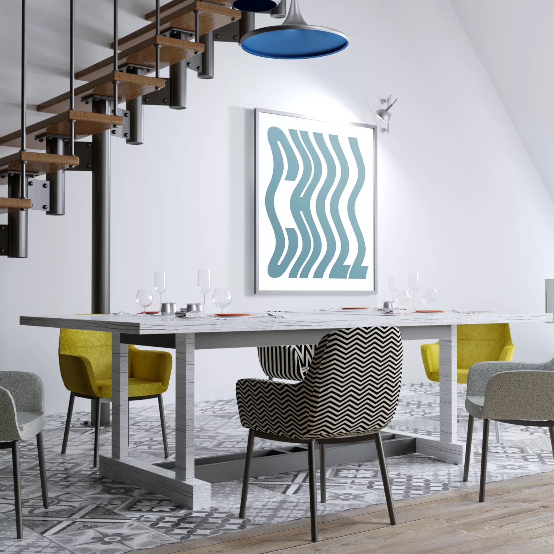 モダンな曲線アートプリント、ティールブルーのウェーブデザイン、白地にミニマルな波状パターン