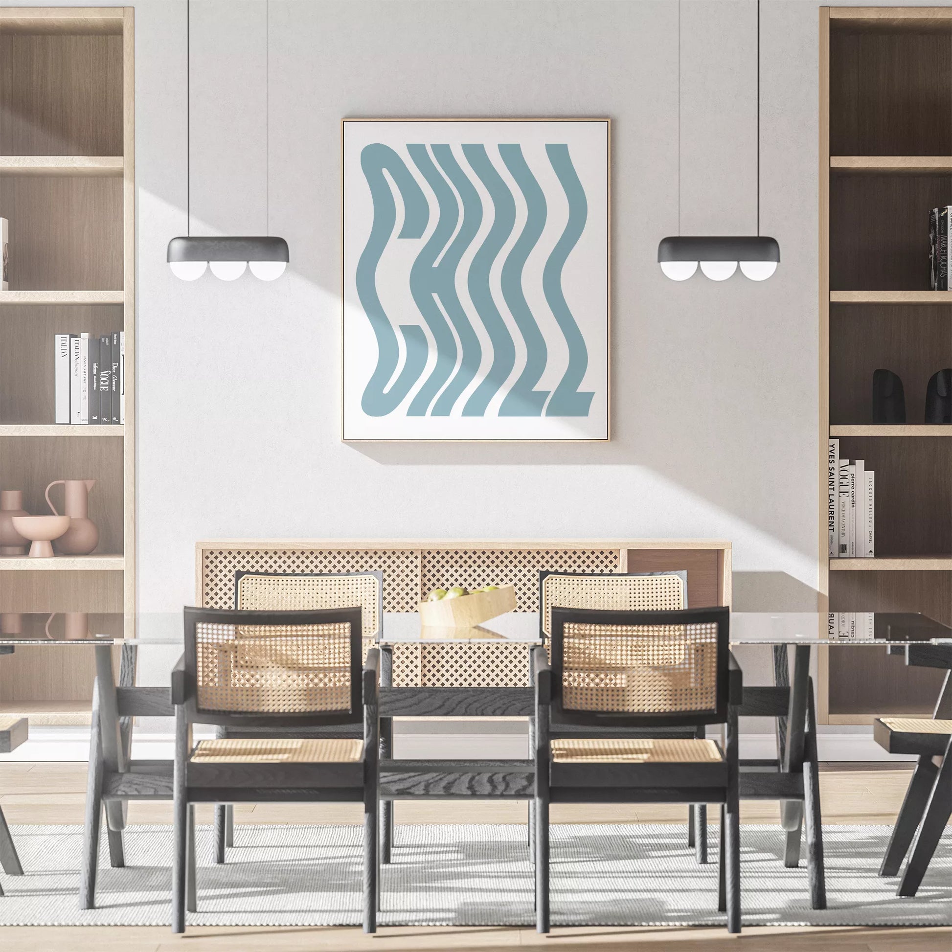 モダンな曲線アートプリント、ティールブルーのウェーブデザイン、白地にミニマルな波状パターン