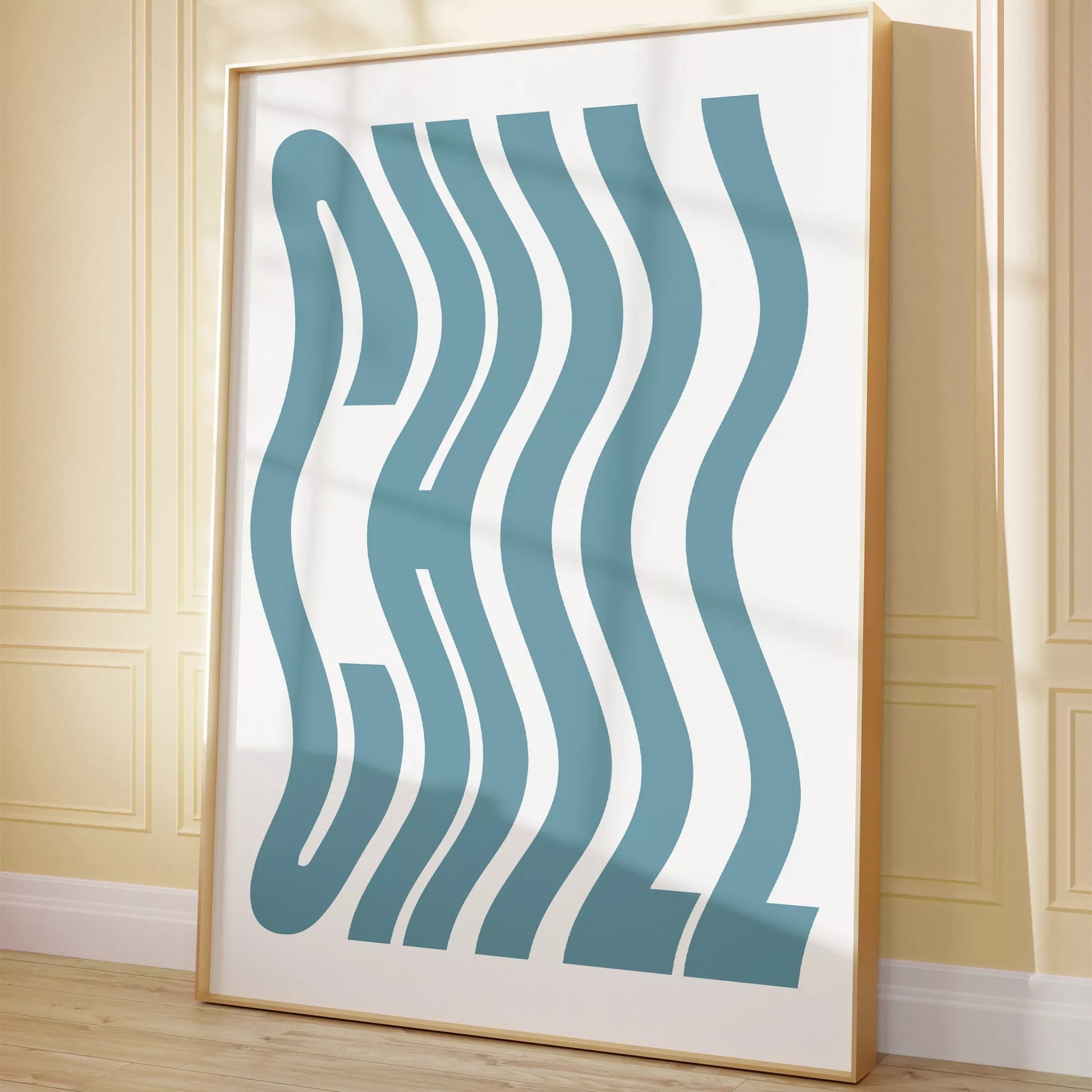 モダンな曲線アートプリント、ティールブルーのウェーブデザイン、白地にミニマルな波状パターン