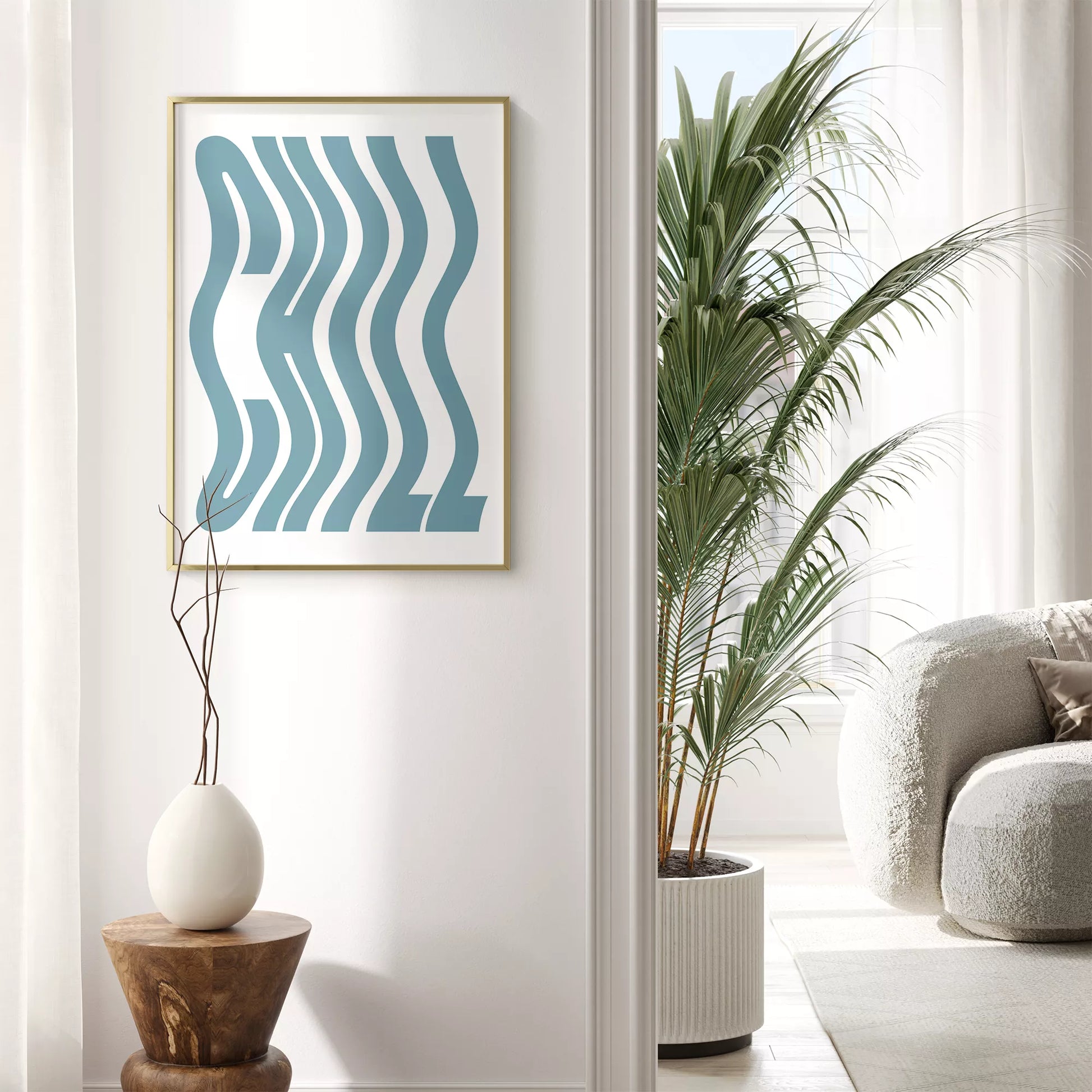 モダンな曲線アートプリント、ティールブルーのウェーブデザイン、白地にミニマルな波状パターン