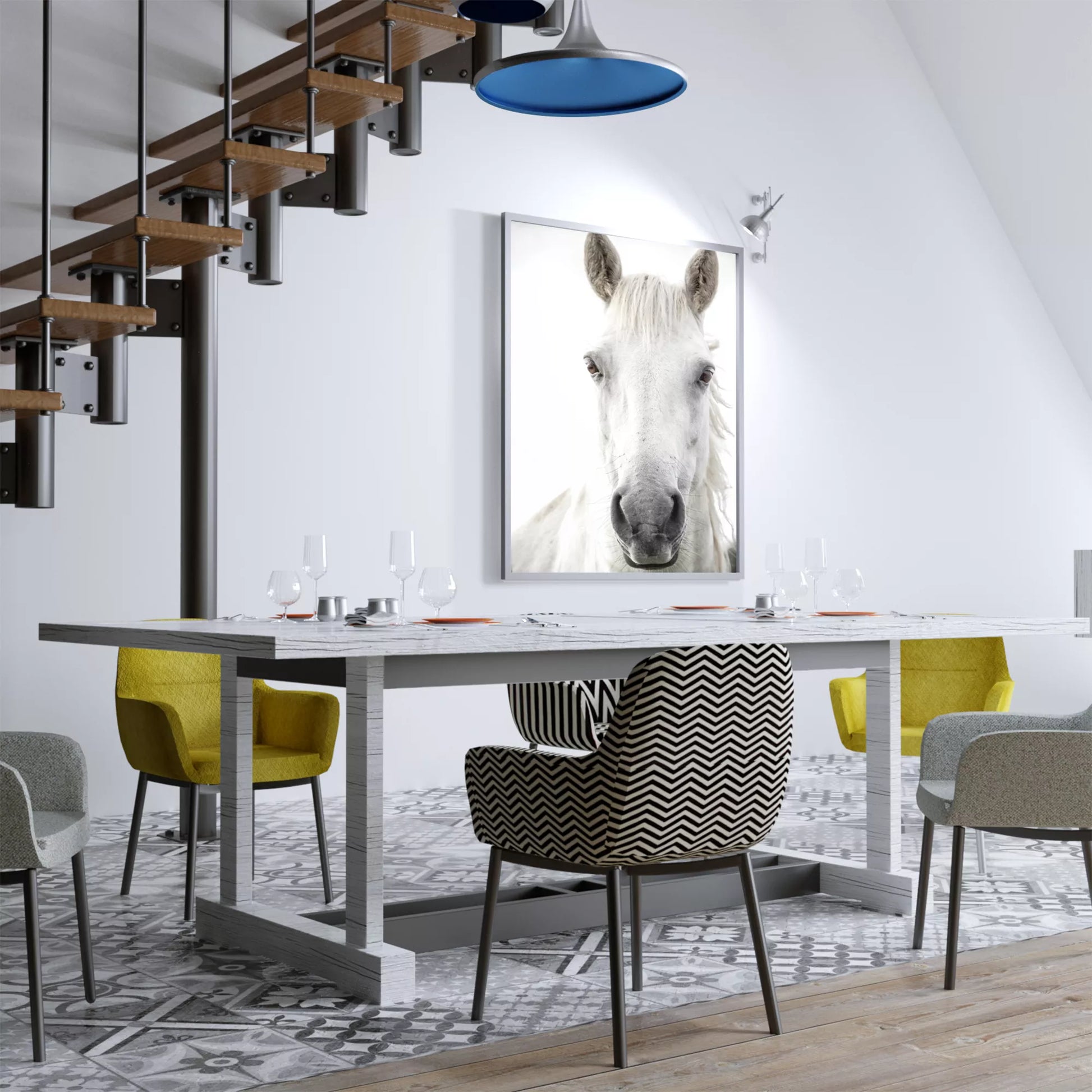 白馬の横顔のミニマリストアートプリント、モノクロ写真風