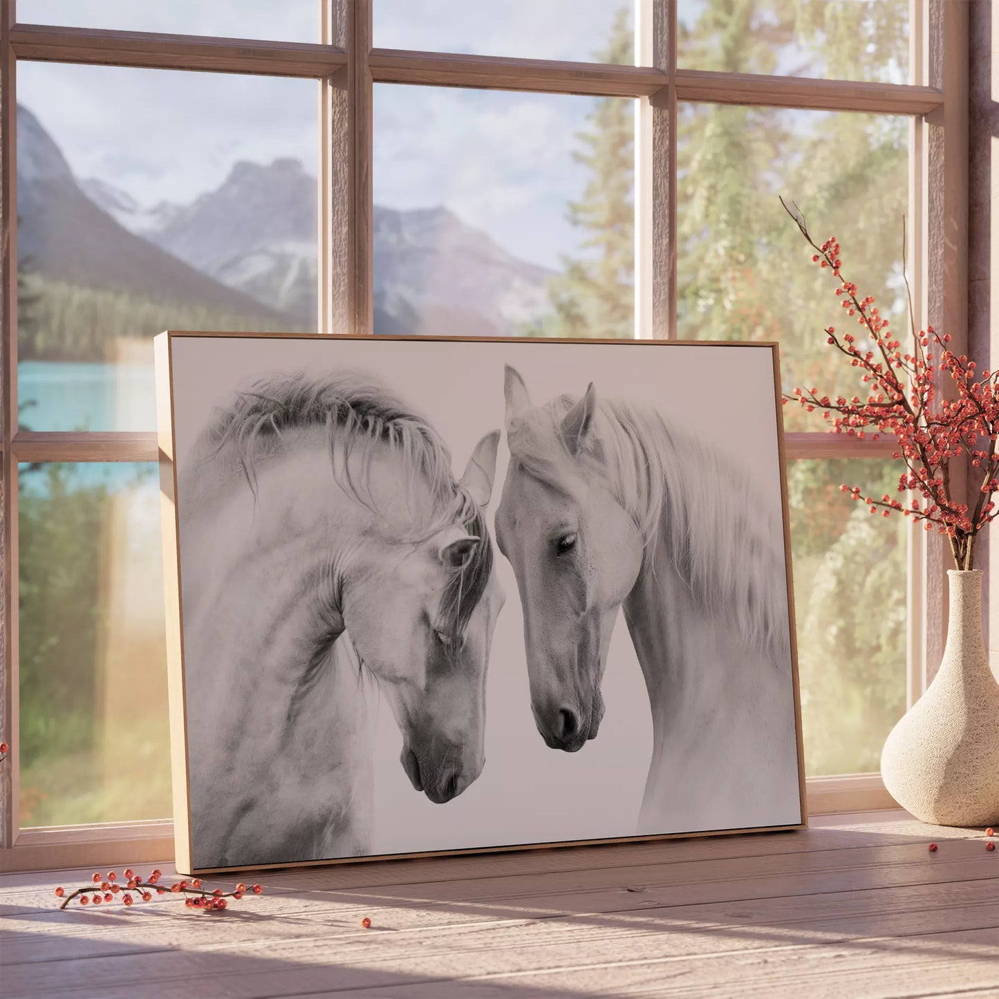 優美な2頭の白馬のモノクロポートレート