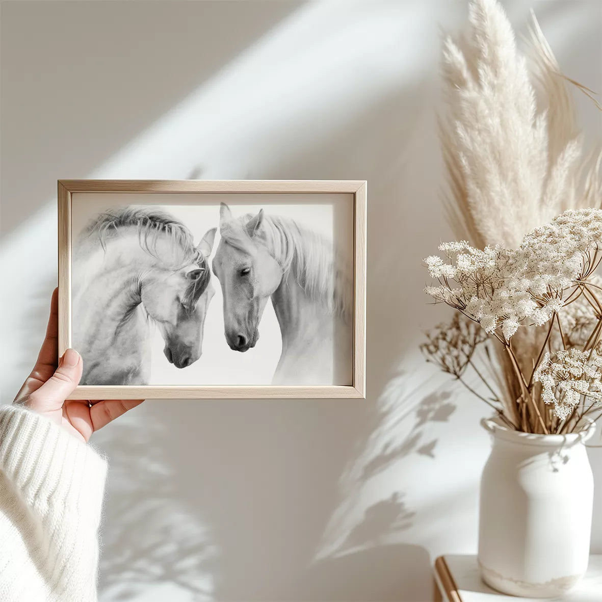 優美な2頭の白馬のモノクロポートレート